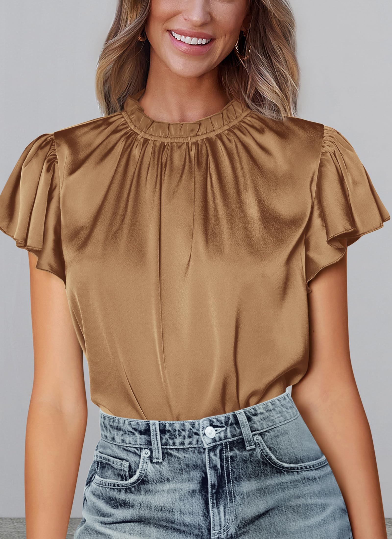 Women's Satin Tops Business Casual Work Blouses, Dark Khaki,S