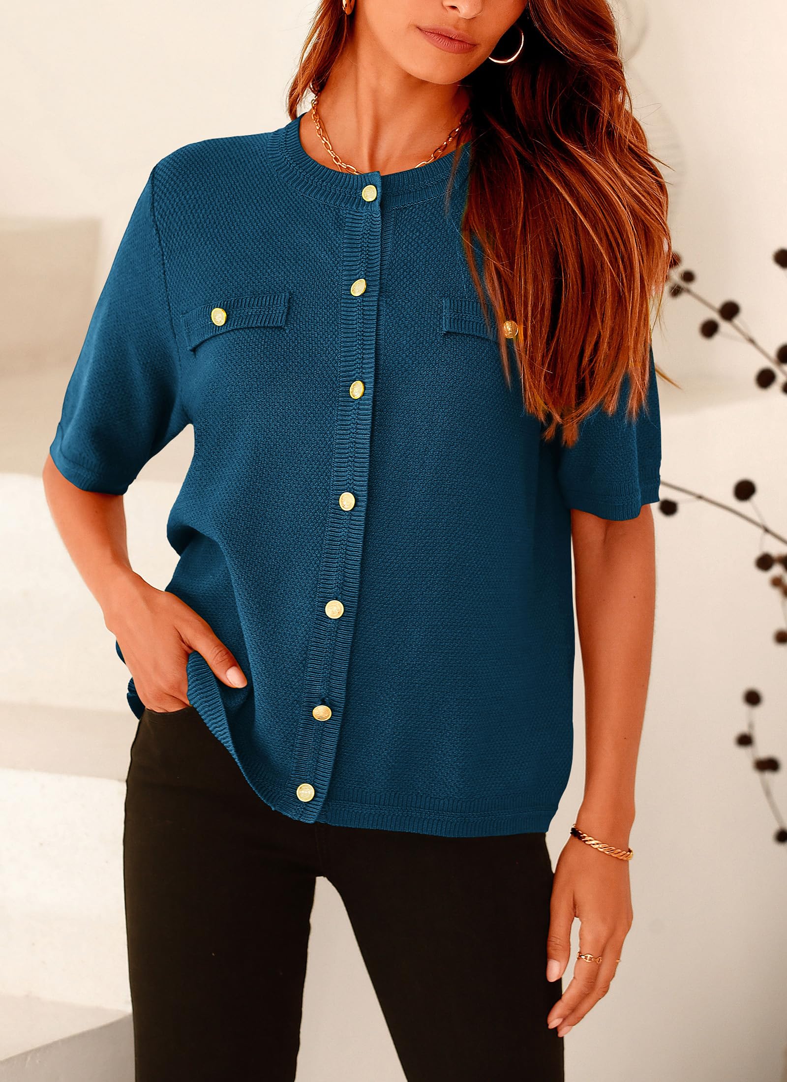 Women's Summer Casual Button Down Shirts Dark Blue,Small