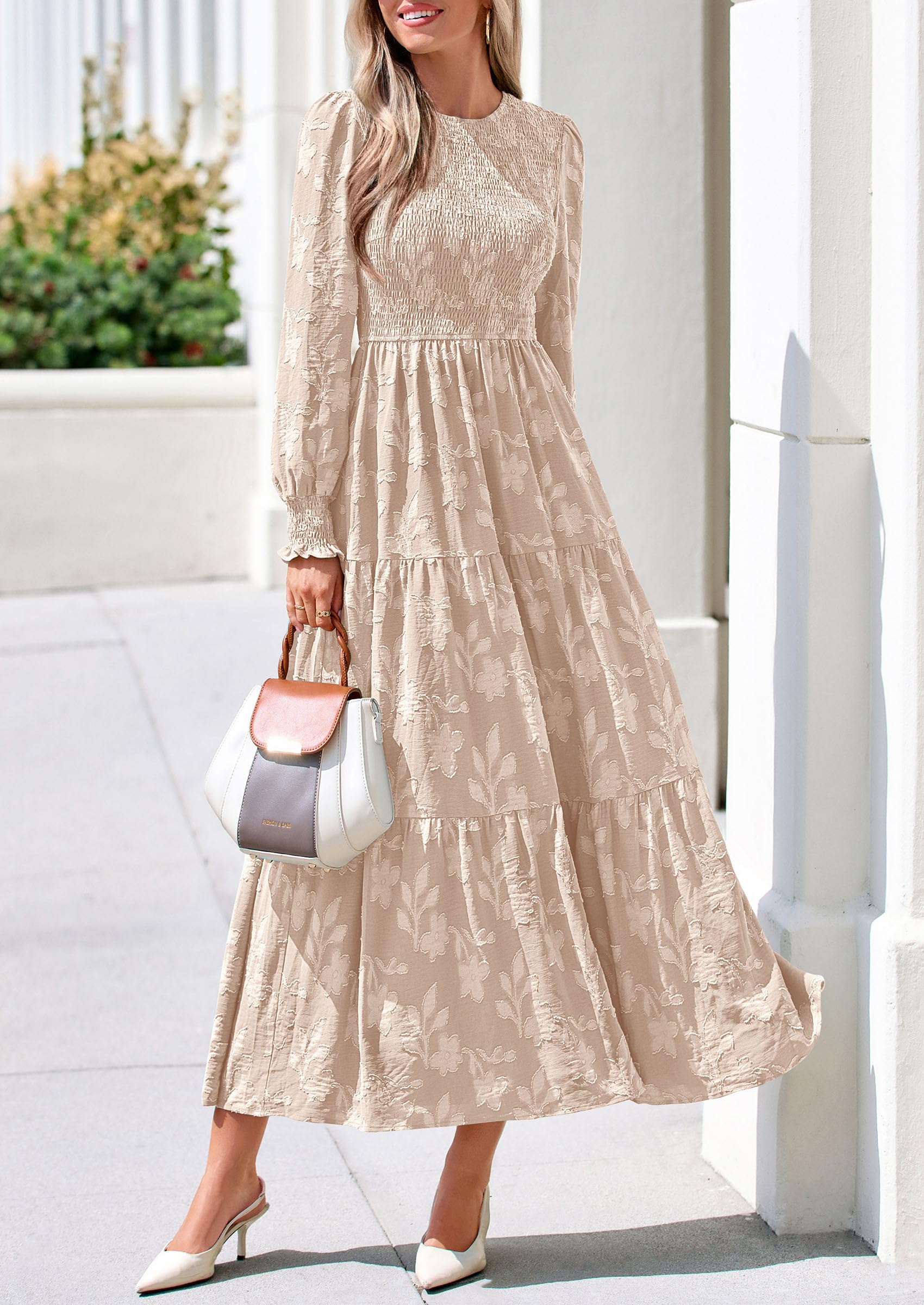 Fall Floral Long Sleeve Wedding Guest Dress for Women Pockets
