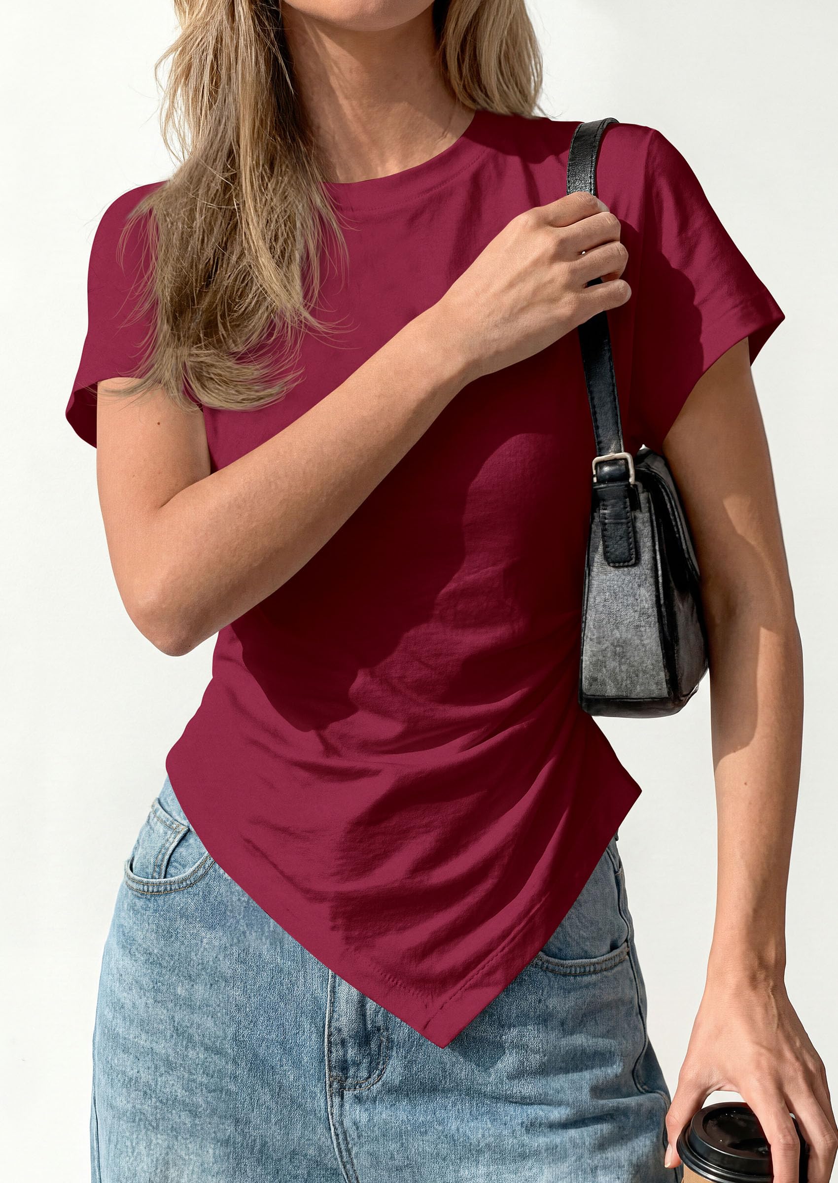 Womens Asymmetrical Summer Short Sleeve Tops,Wine Red,XS