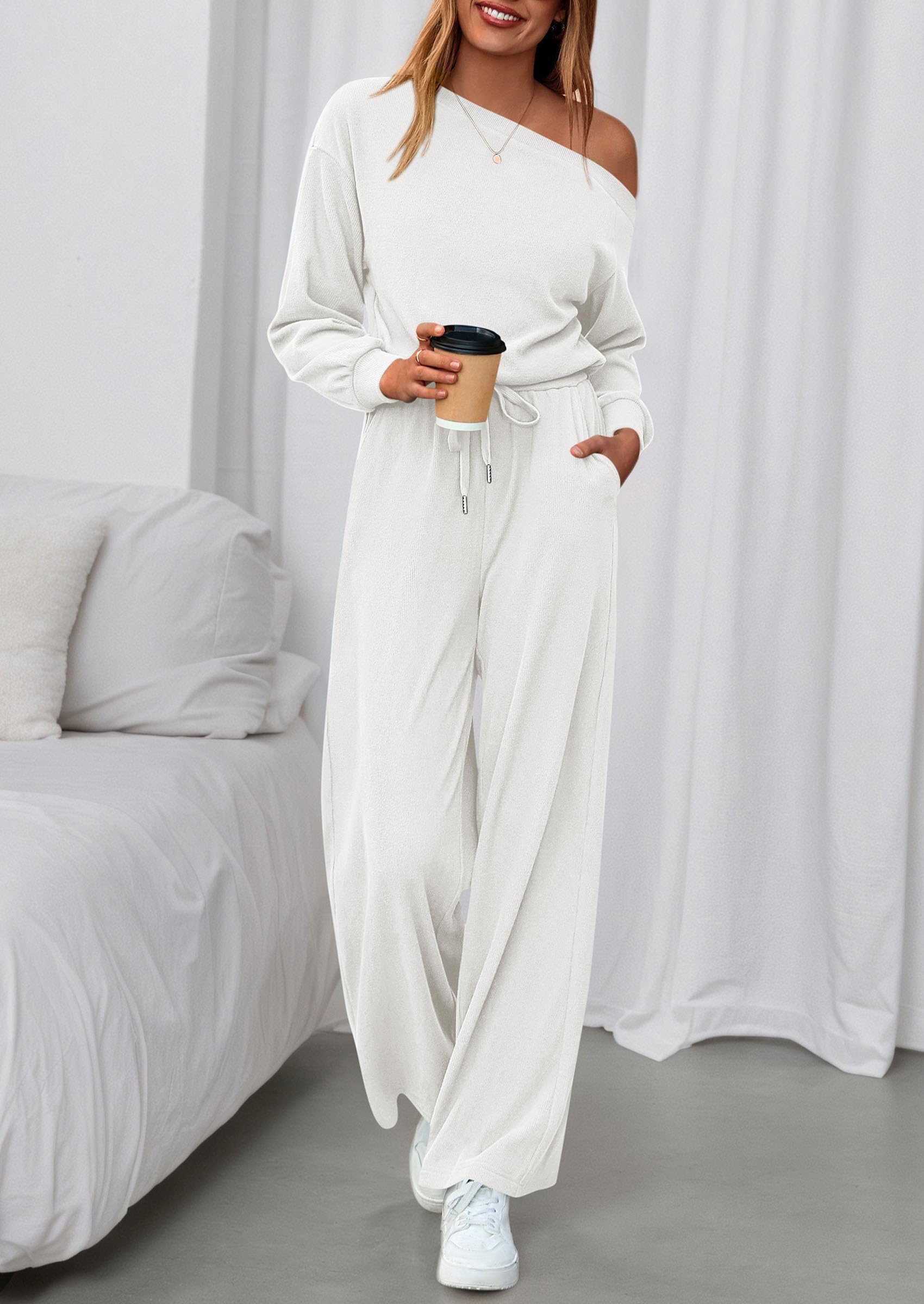 Womens Off Shoulder Long Sleeve Jumpsuit,White,M
