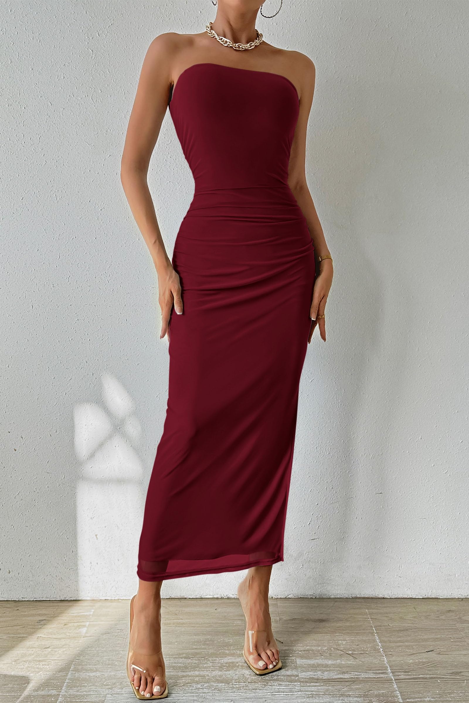 Women's Strapless Bodycon Maxi Tube Dress, Solid Wine Red,S