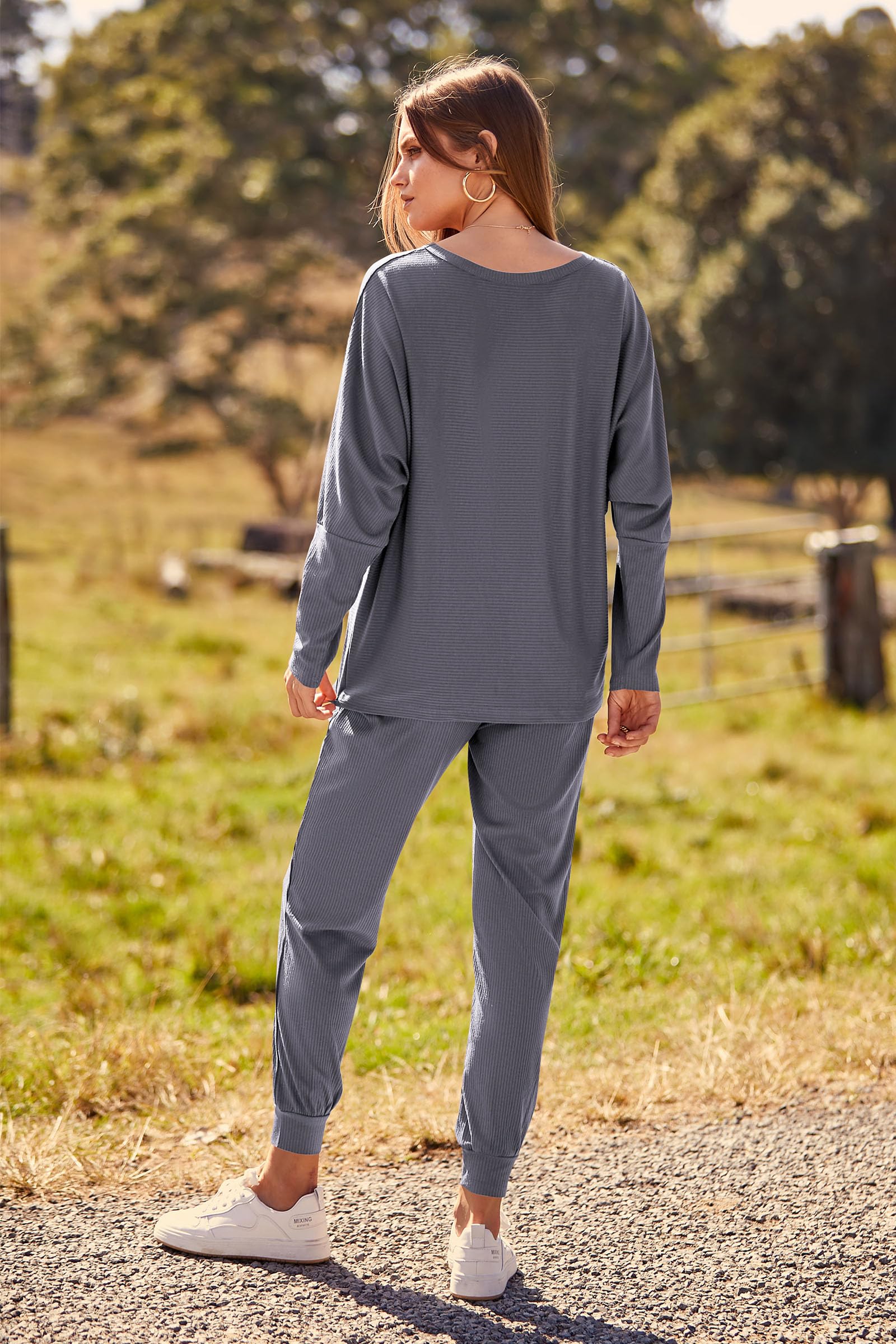 Women's 2 Piece Fall Outfits Matching Ribbed Knit Lounge Sets