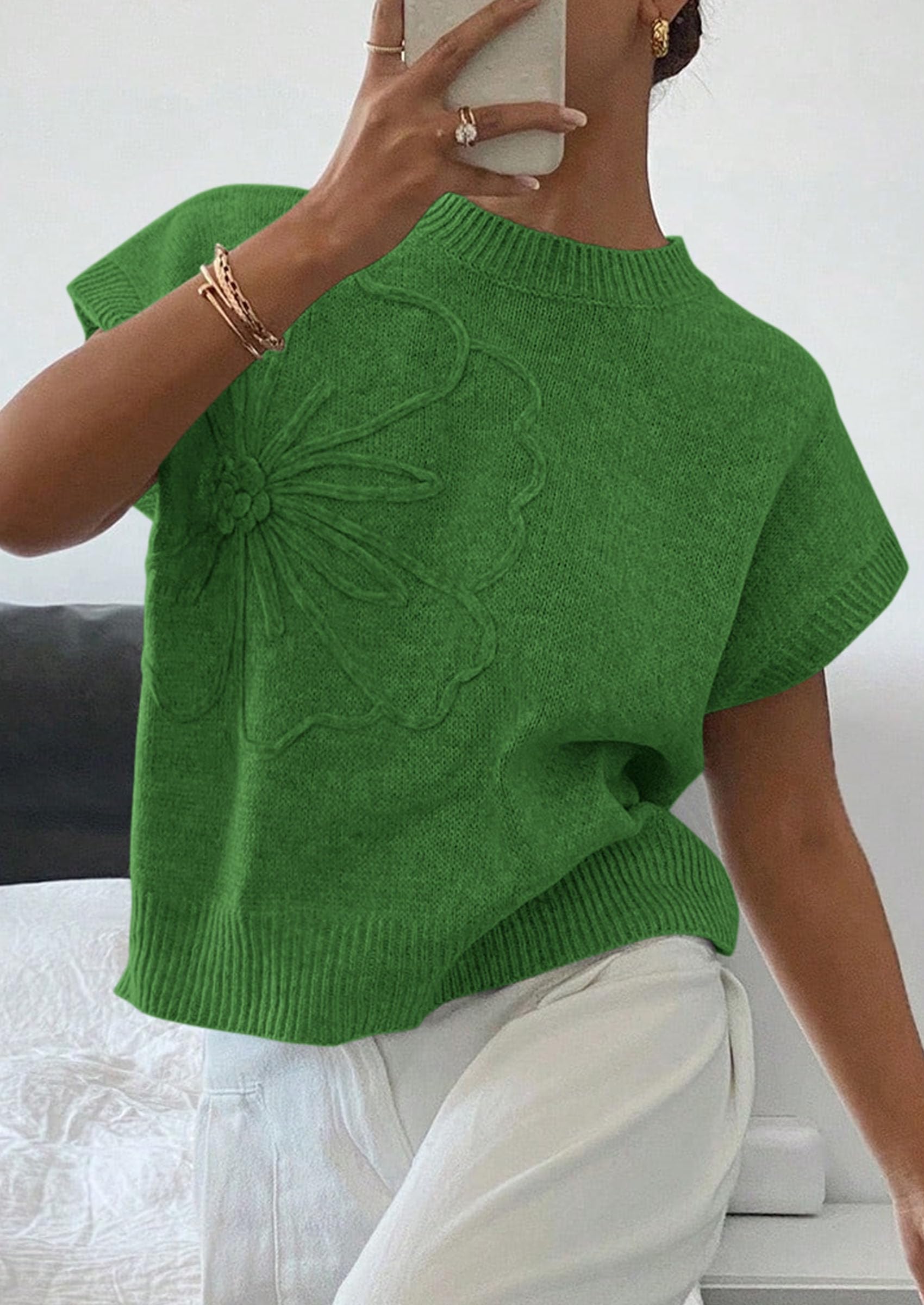 Women's Summer Short Cap Sleeve Sweater Vest (Green,S)