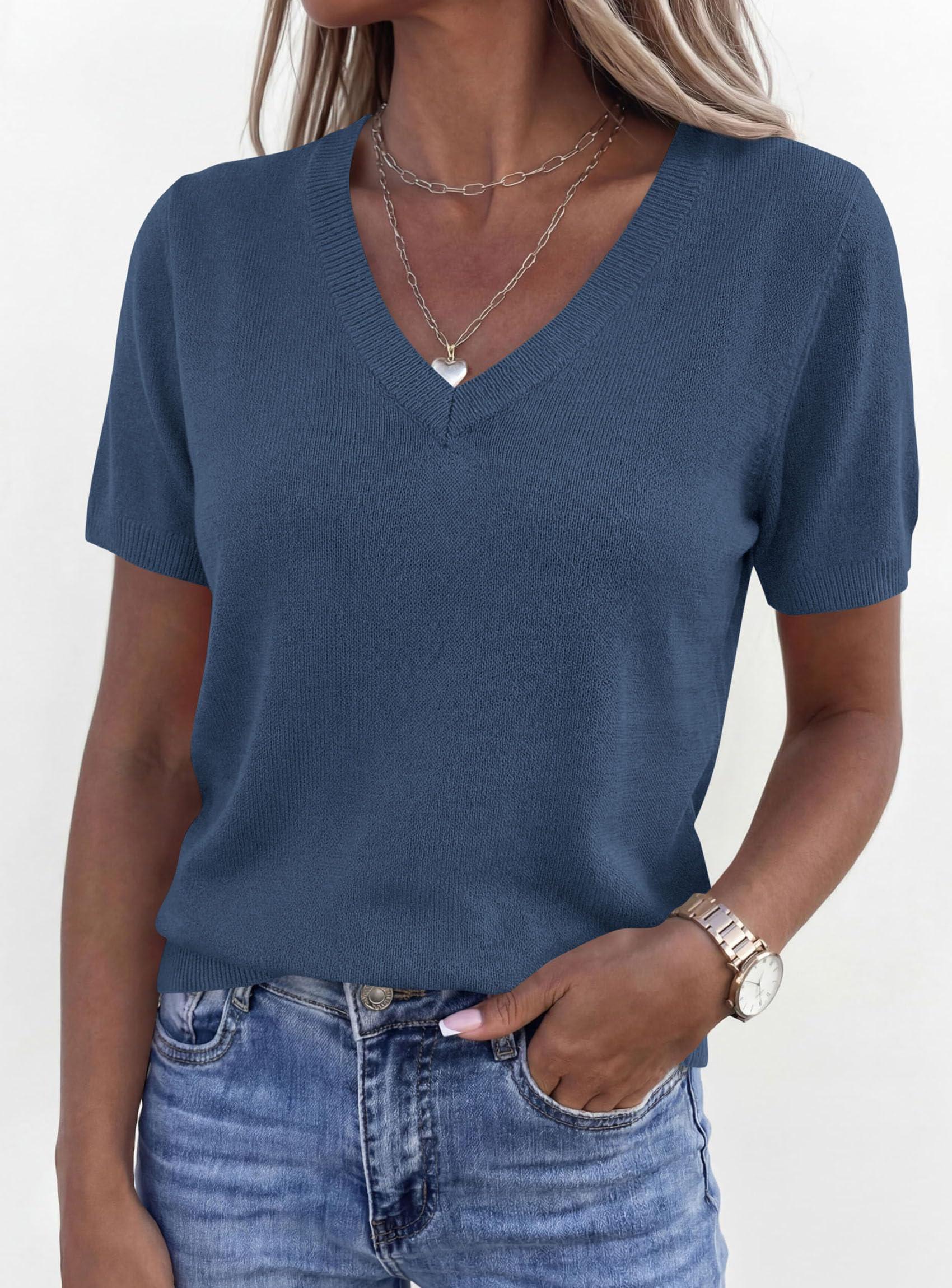 Womens Short Sleeve Sweater V Neck Tops,Grey Blue,S