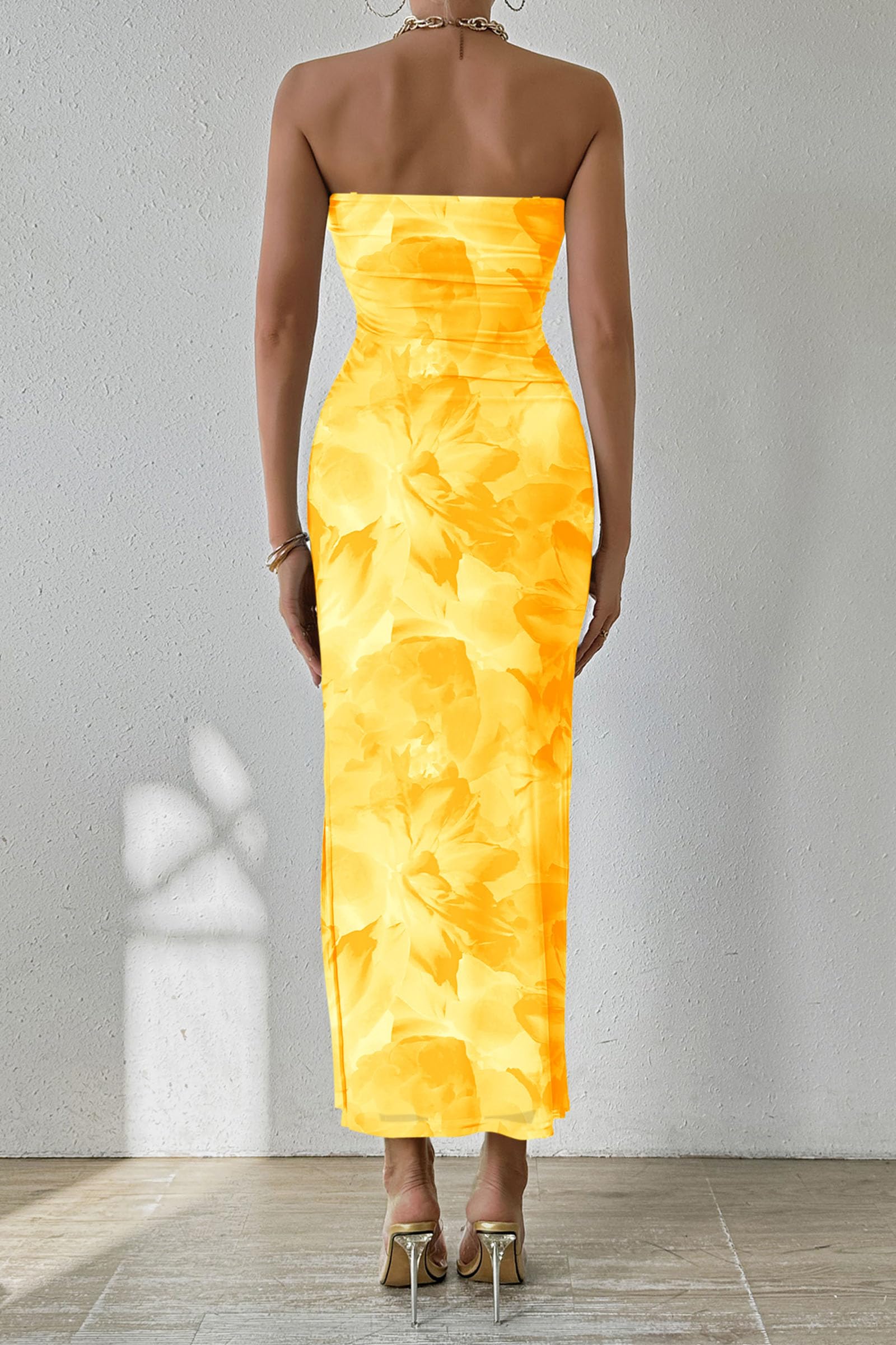 Women's Strapless Bodycon Floral Maxi Dress, Floral Yellow,S