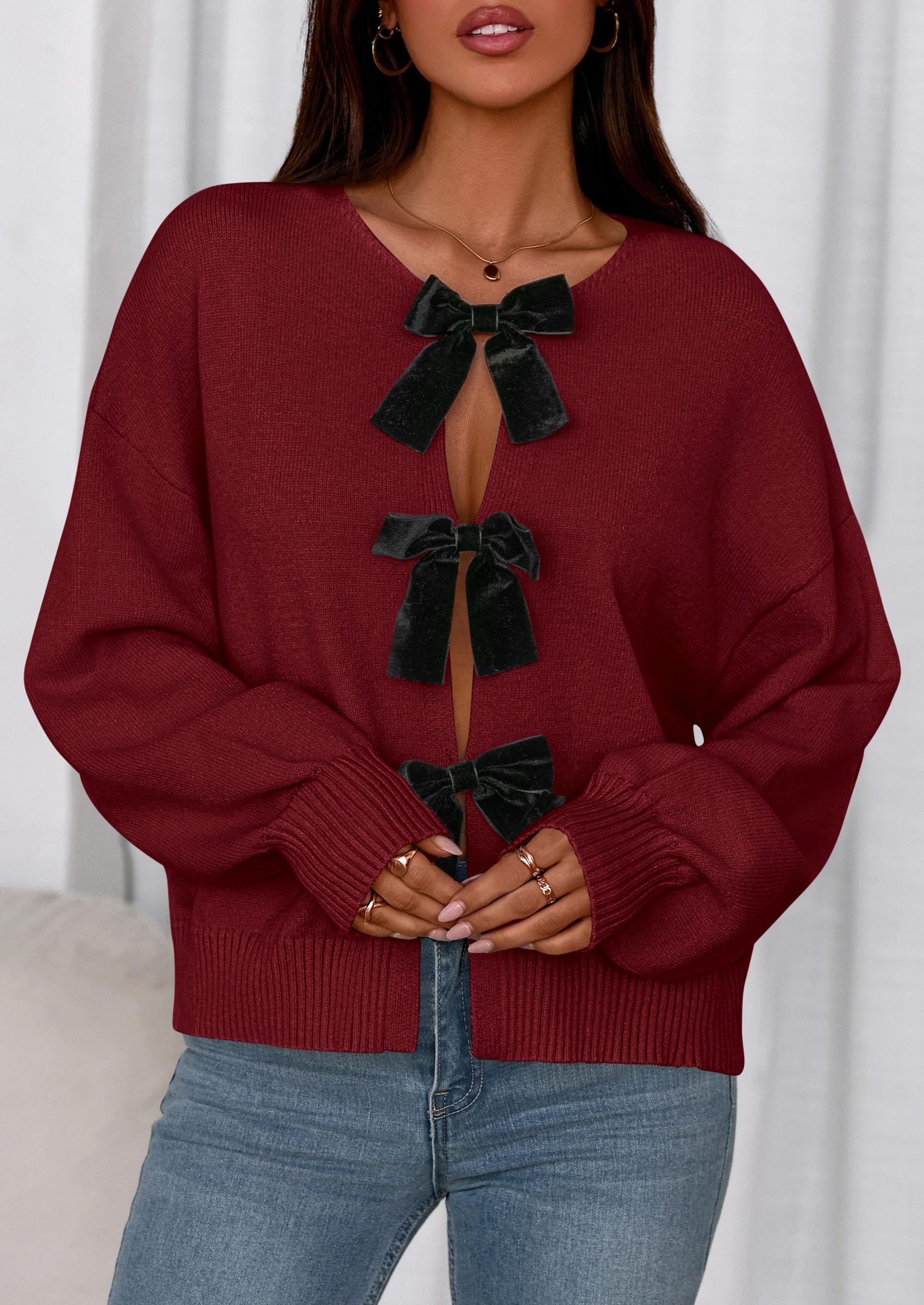 Women's Fall Bow Tie Front Cardigan Sweaters,Red,S