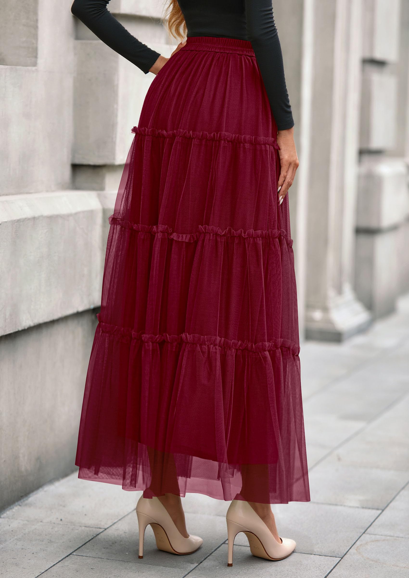 Women's Fall Soft Tulle Tiered Long Skirt,Burgundy,S