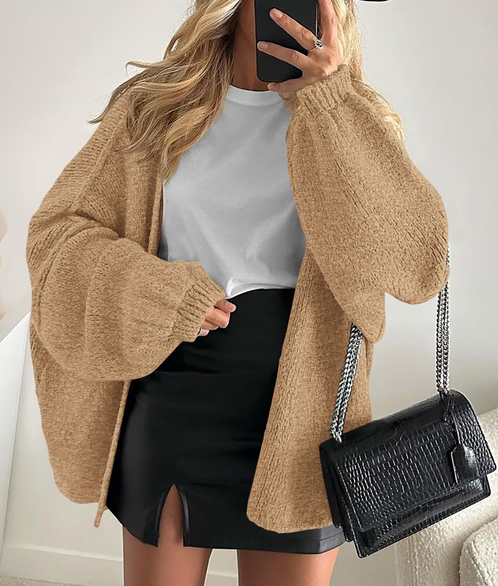 Womens Open Front Oversized Cardigan Sweaters,Camel,XS