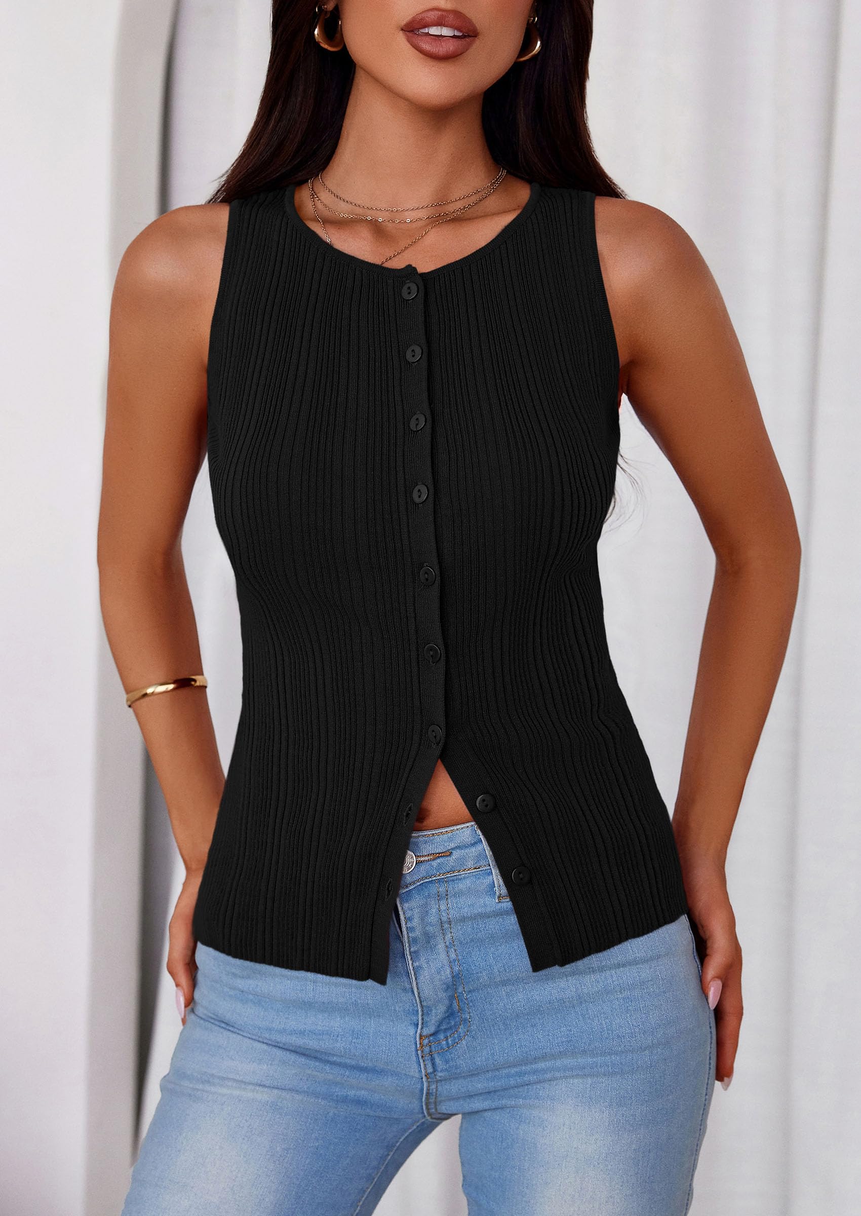 Sleeveless Button Down Shirts for Women Summer 2026 Going Out Ribbed Knit Tank Tops Y2K Clothes Trendy Vest Tops Black