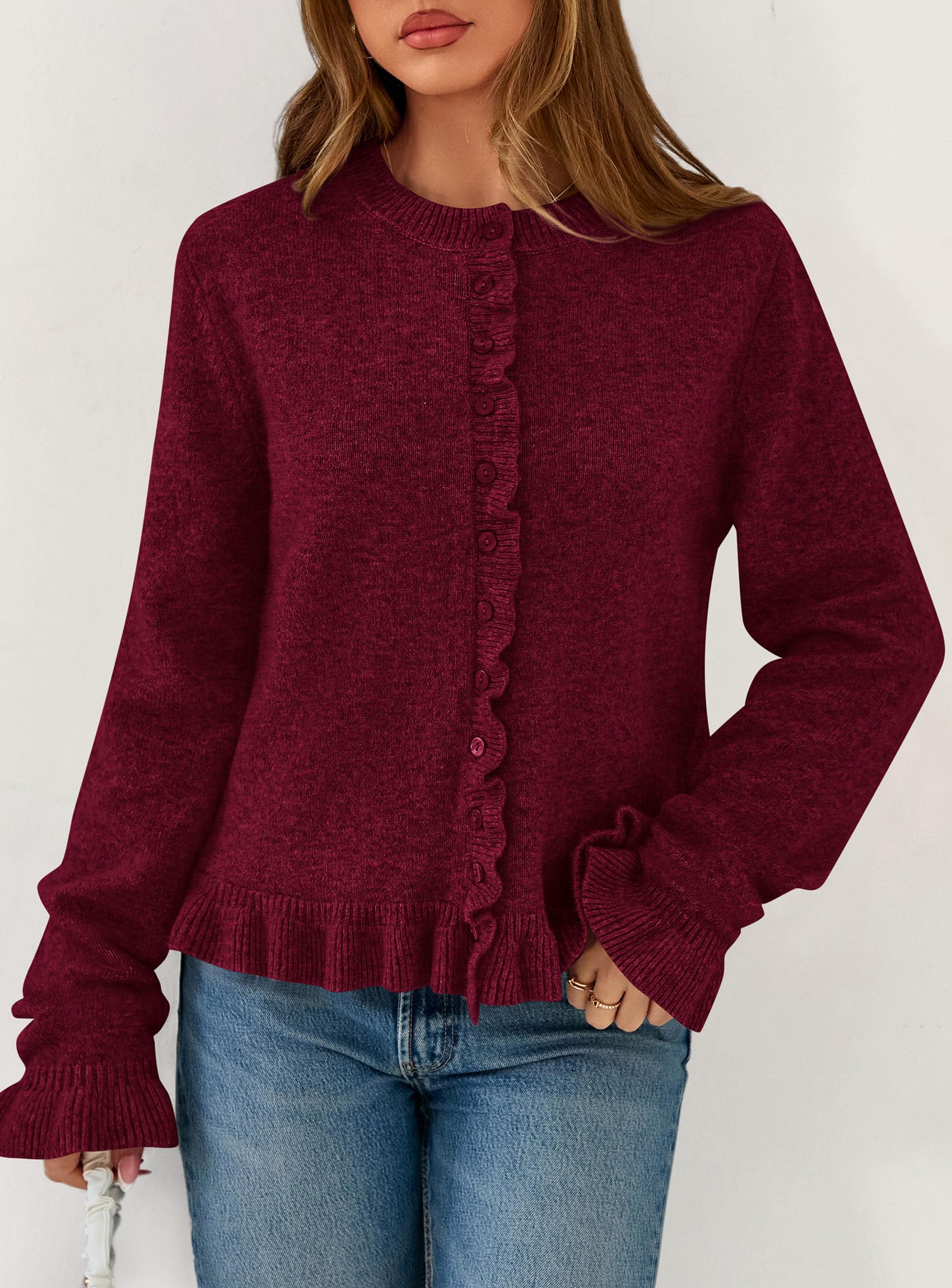 Womens Ruffle Button Down Cardigan Sweaters,Wine Red,S