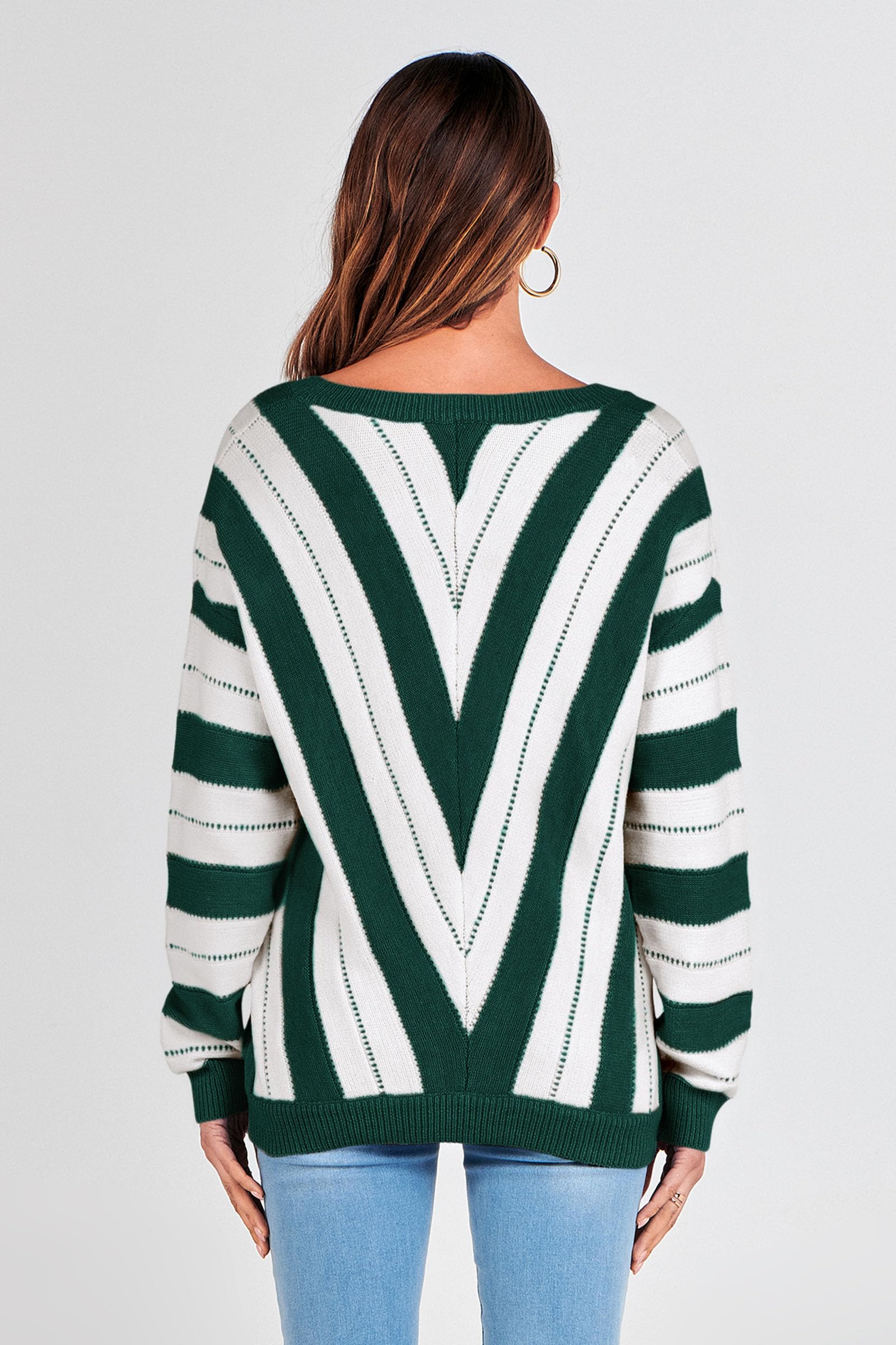 Women's V Neck Striped Knit Pullover Sweater