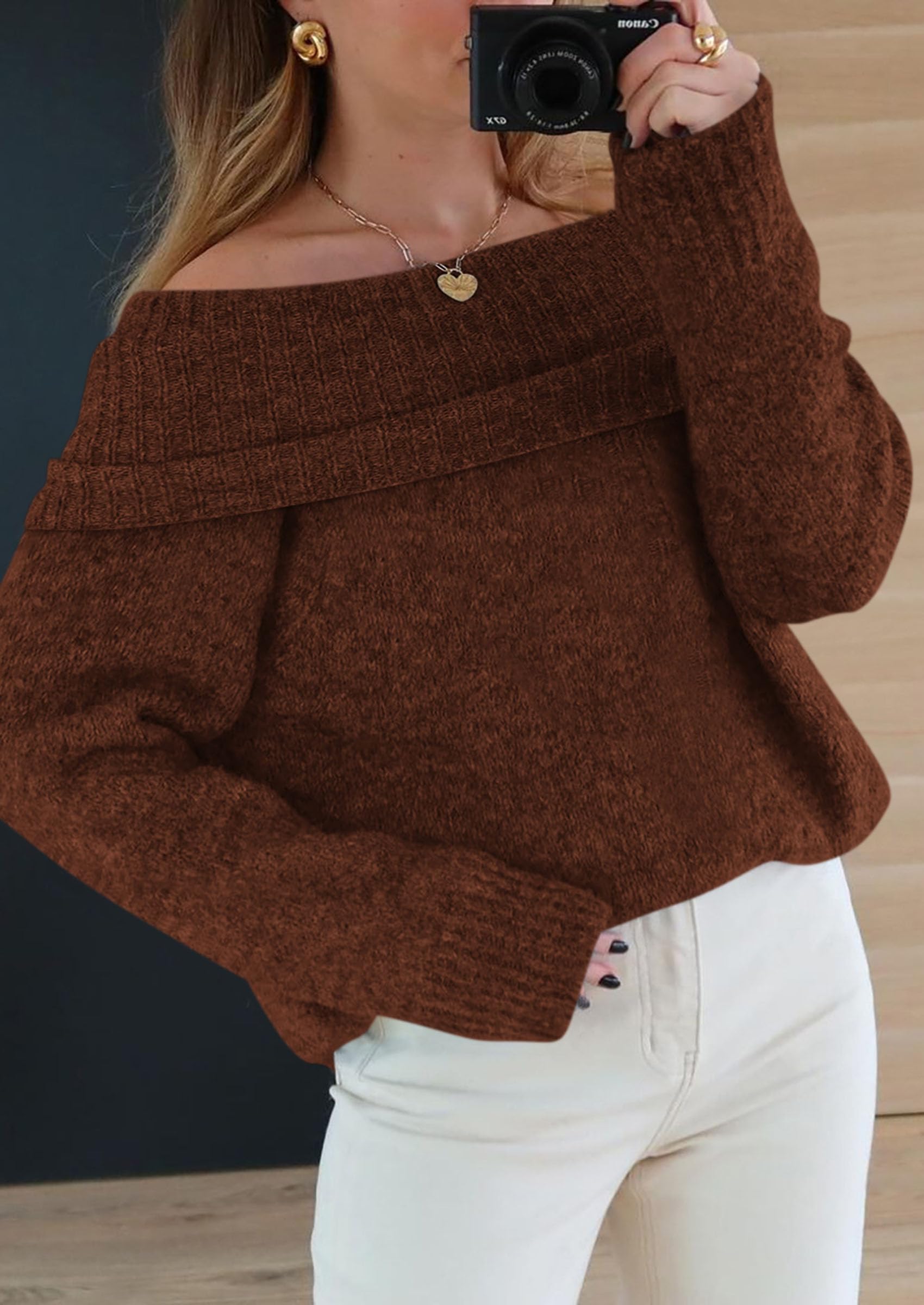 Women's Fall Off The Shoulder Sweater,Coffee,S