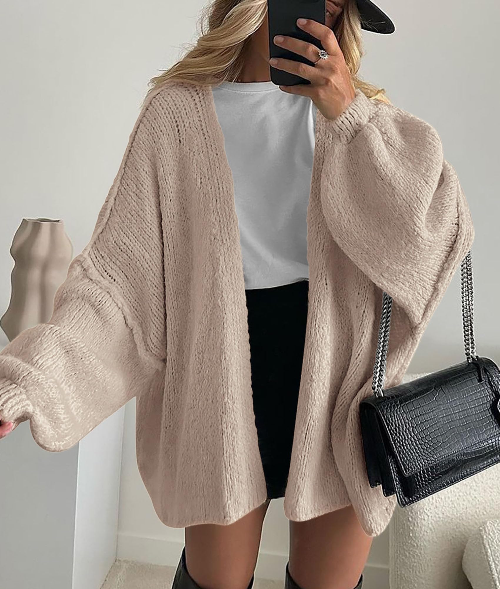 Womens Open Front Oversized Cardigan Sweaters,Grey Beige,M