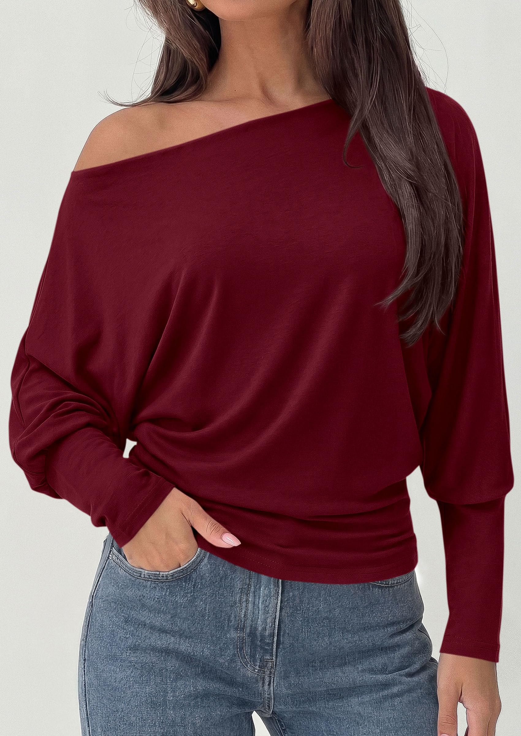 Womens Off The Shoulder Batwing Long Sleeve Top,Wine Red,S