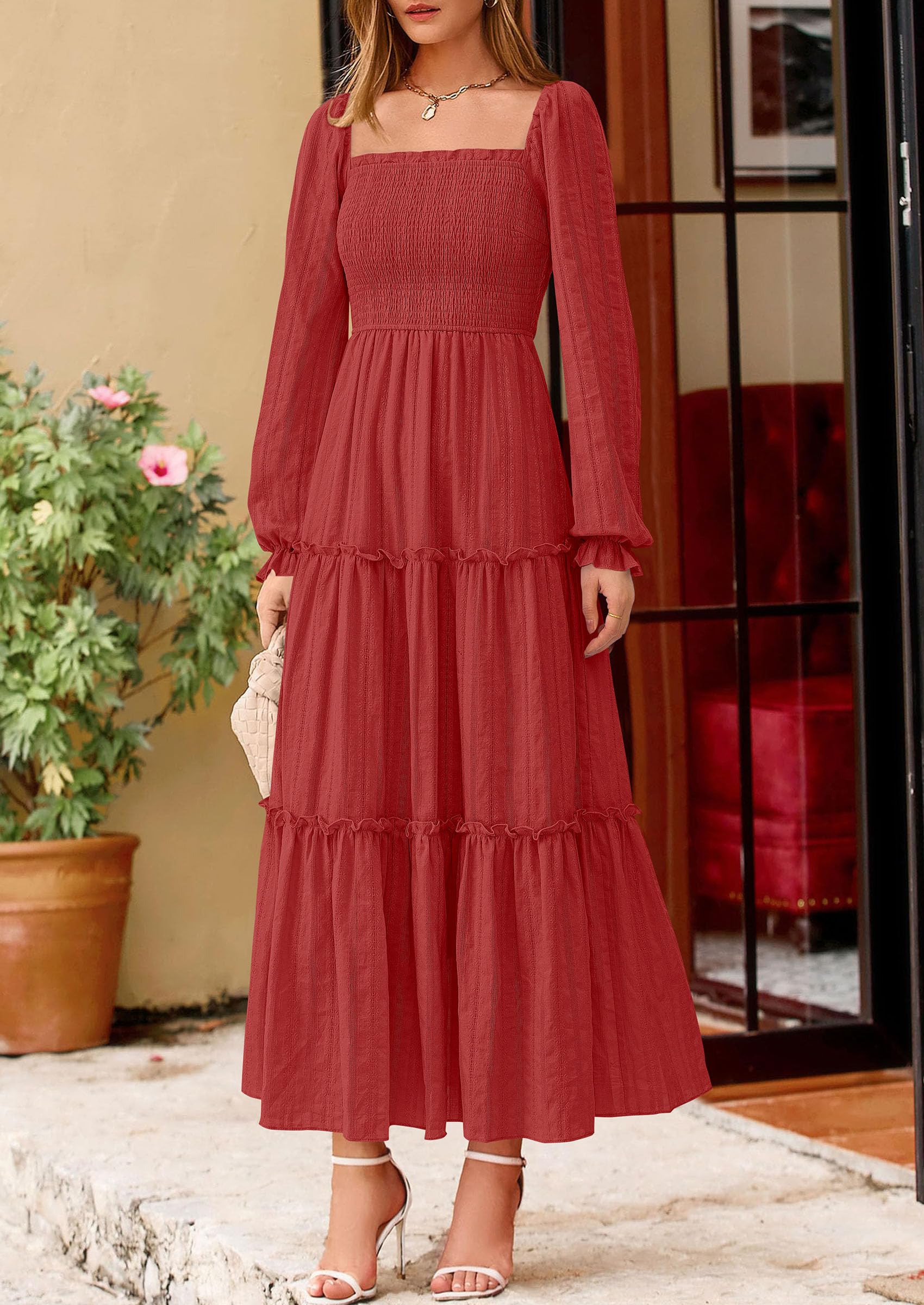 Women's Long Sleeve Ruffle Flowy Maxi Dress,Red,S