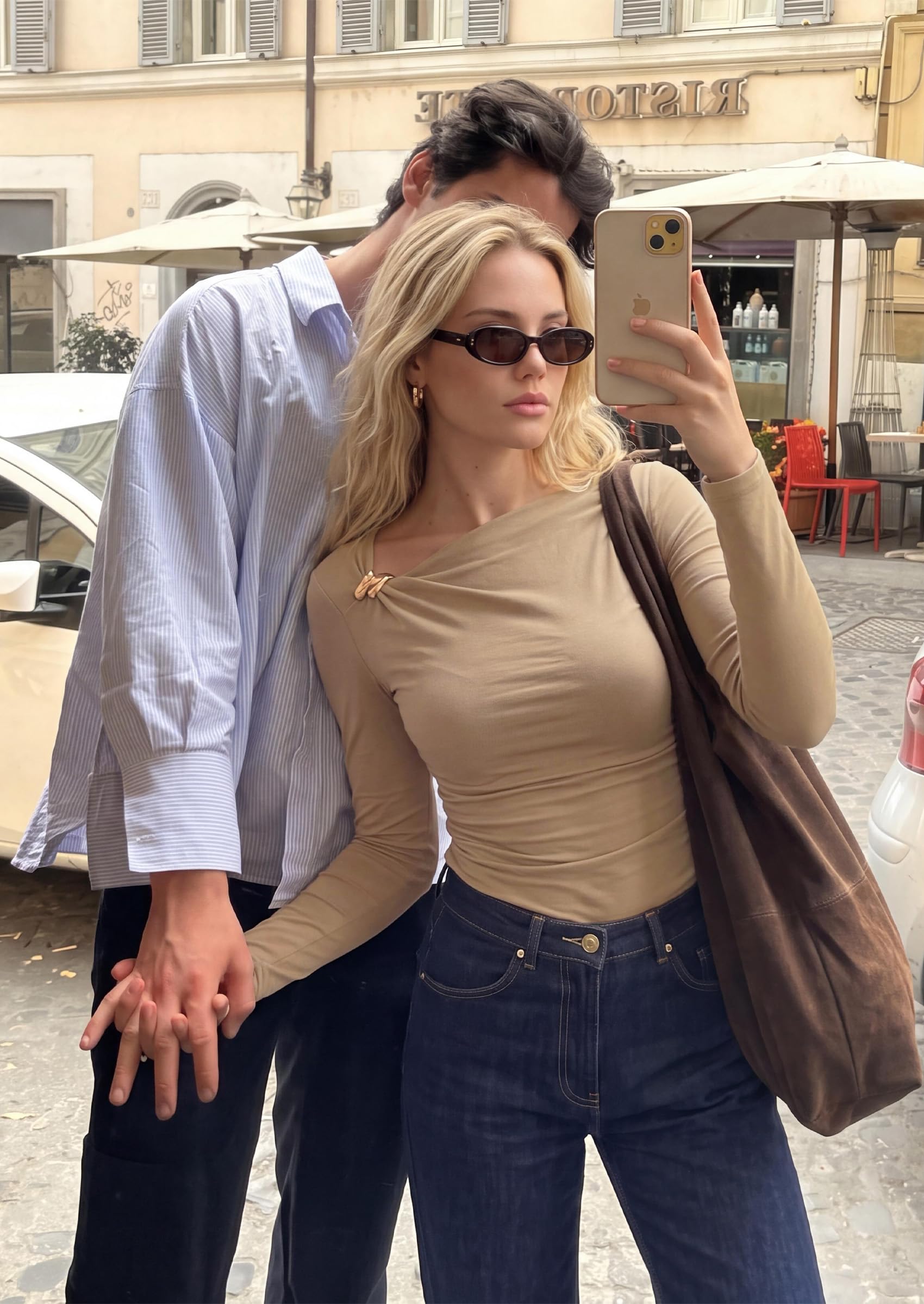 Long Sleeve Tops for Women Fitted Going Out Top,Khaki,XS