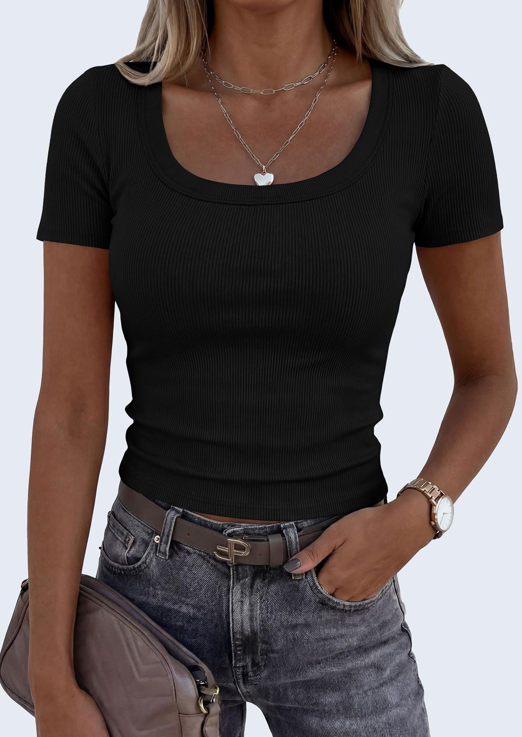 Womens Summer Short Sleeve Scoop Neck Tops,Black,S