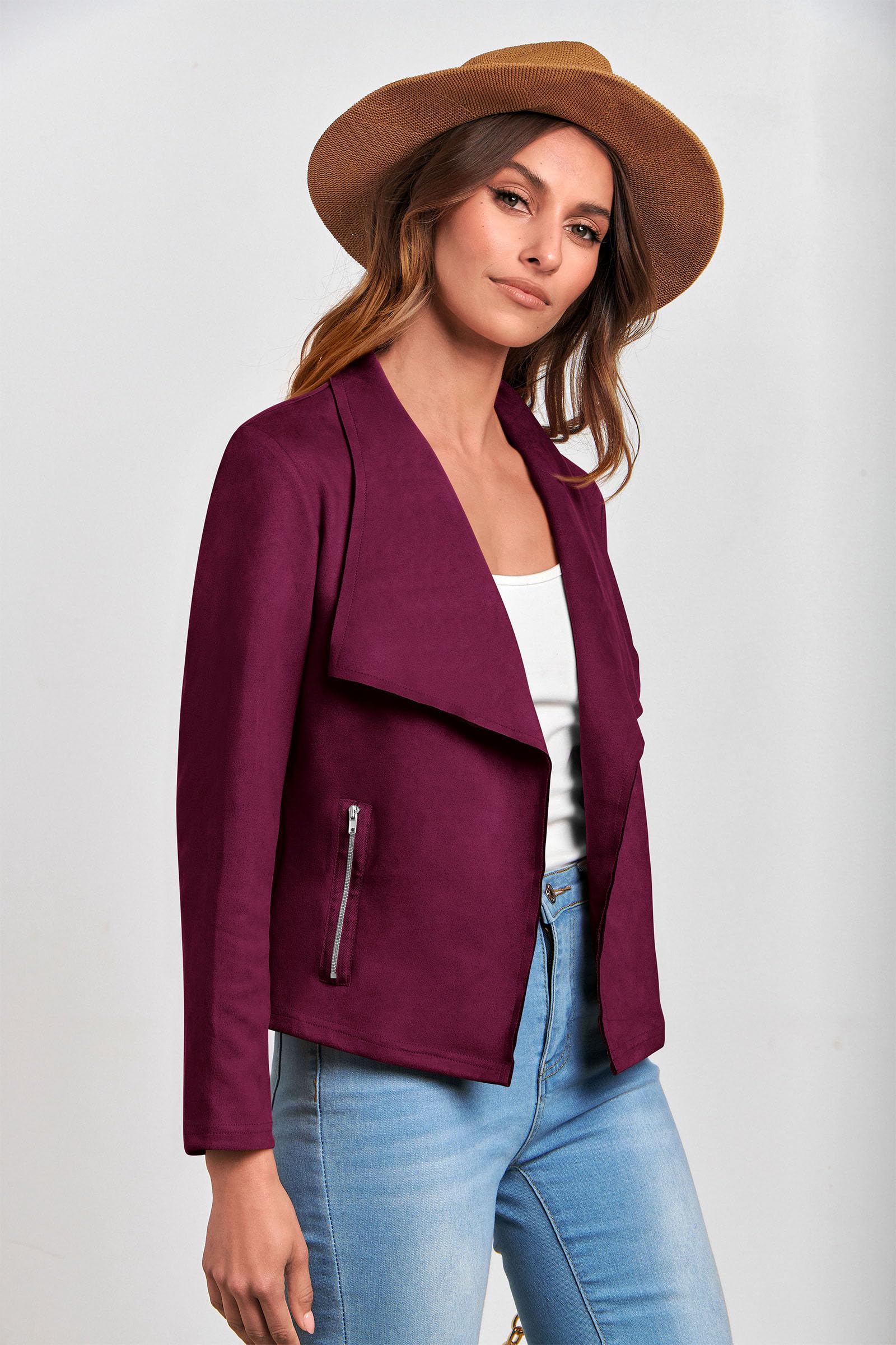 Women's Fall Fashion Faux Suede Jackets(Purple Red,Small)
