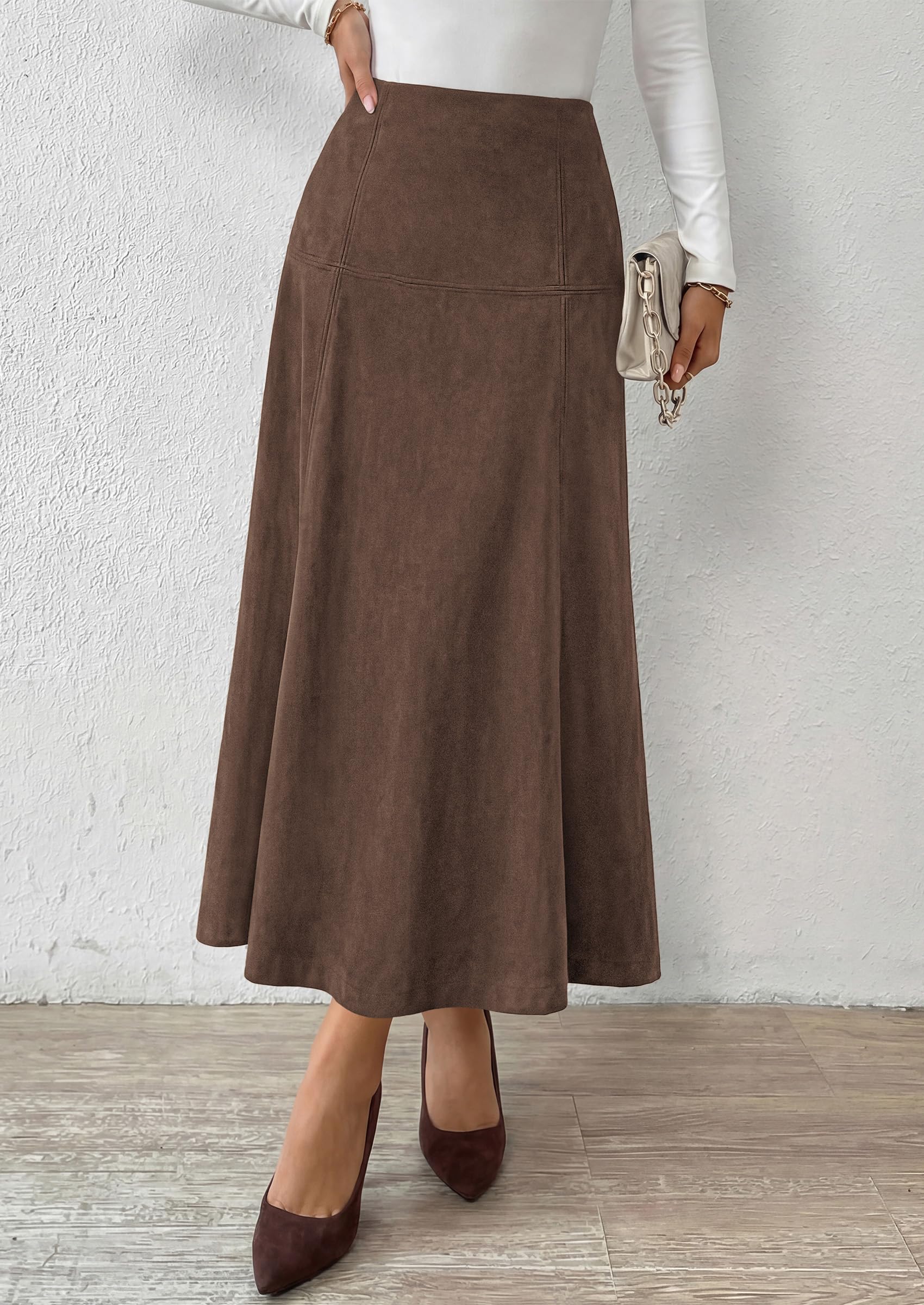 Womens High Waist Faux Suede A Line Midi Skirt,Dark Brown,XL