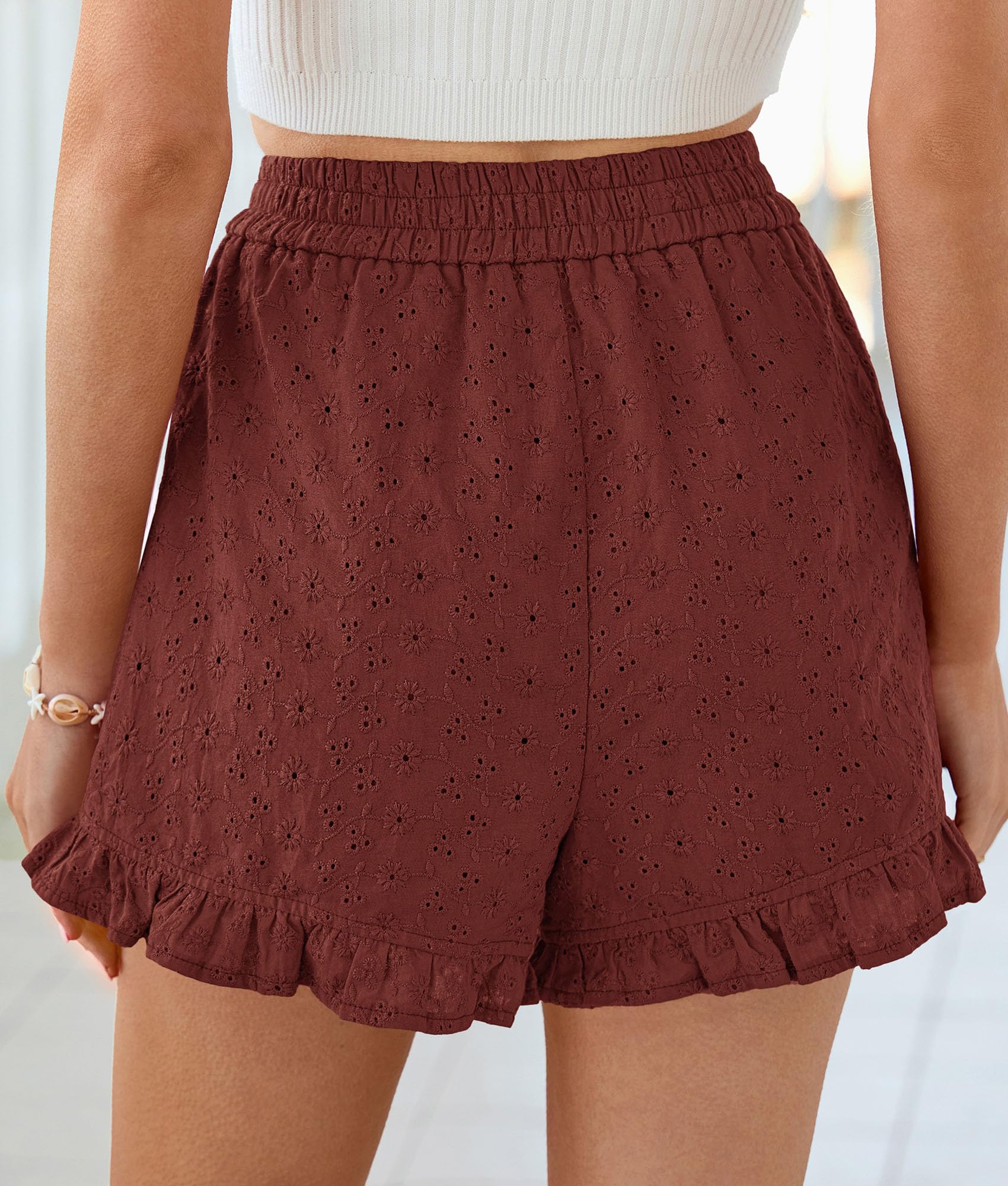 Womens Summer Ruffle Shorts Casual Loose Fit Brick Red,S
