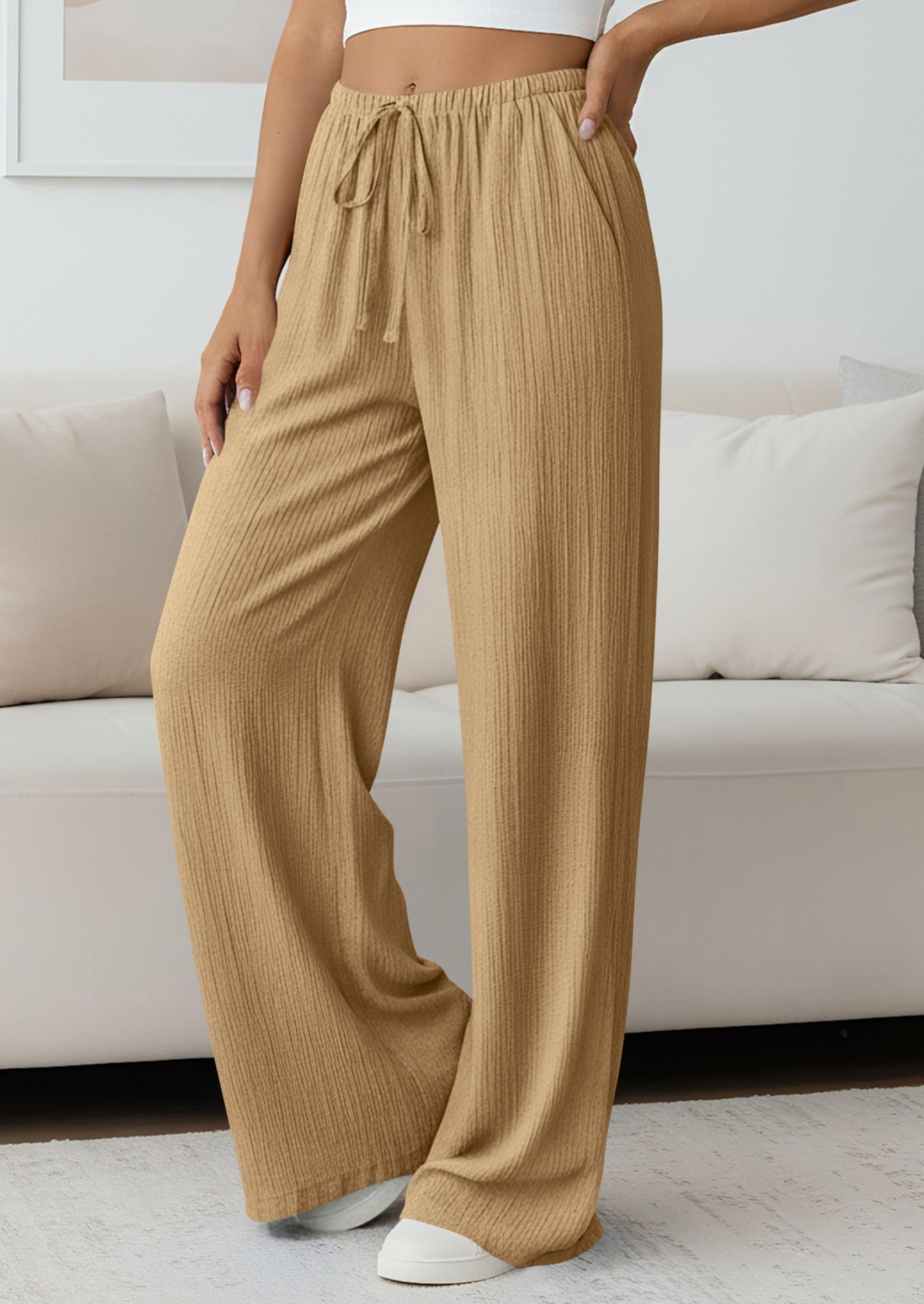Women's Palazzo Pants Casual Wide Leg Trousers,Khaki,S