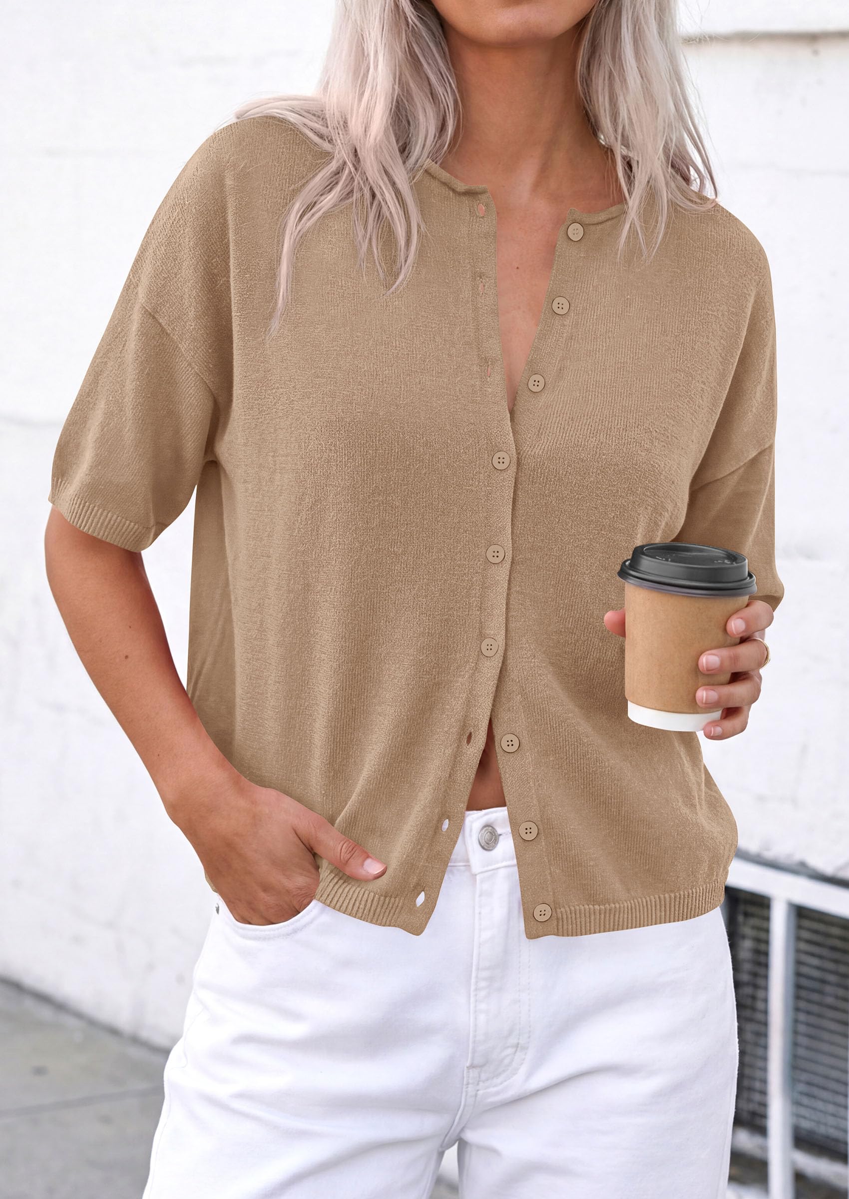 Women's Short Sleeve Cardigan Sweaters (Khaki,Small)