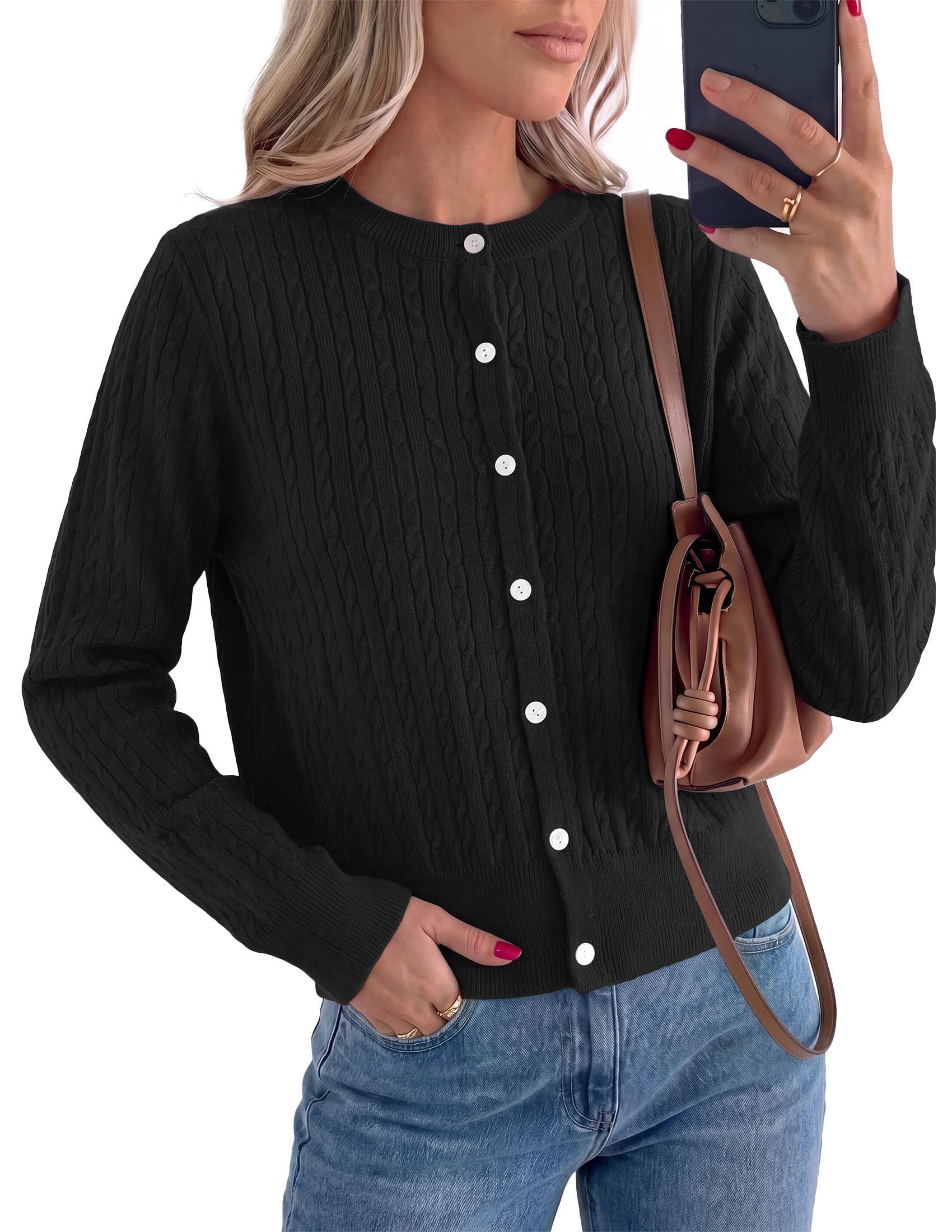 Women Fall Lightweight Cardigans Button Up Cable Knit Sweaters