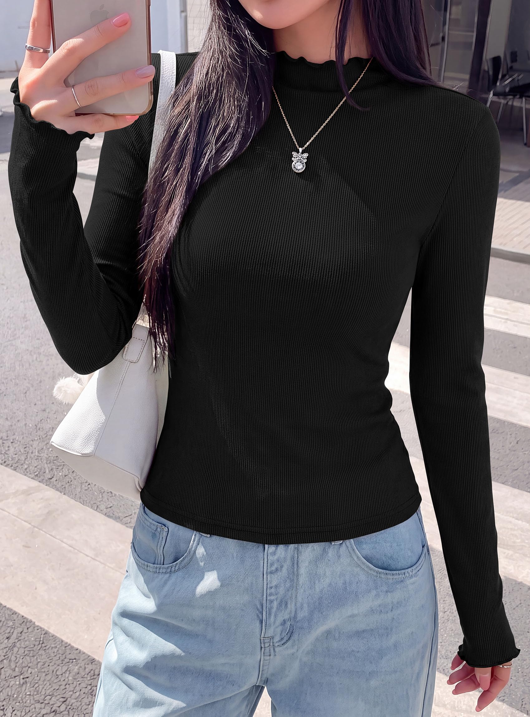Women's Long Sleeve T Shirts Lettuce Trim Mock Neck Tops Black