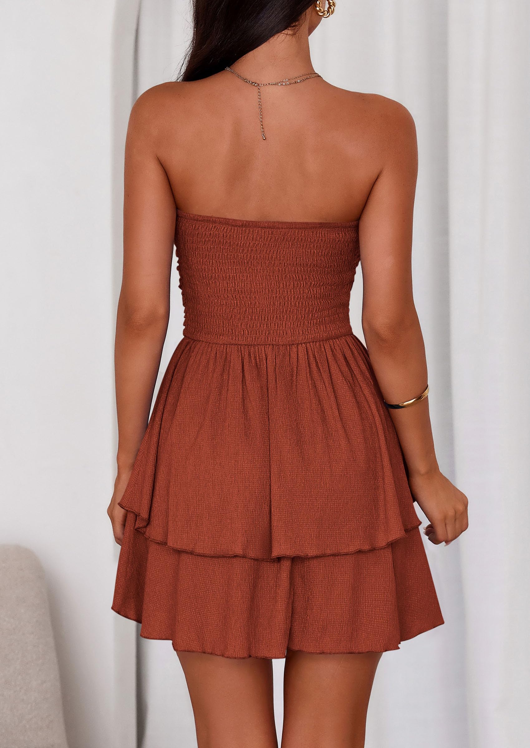 Women's Summer Strapless Flowy Mini Dresses (Brick Red,S)