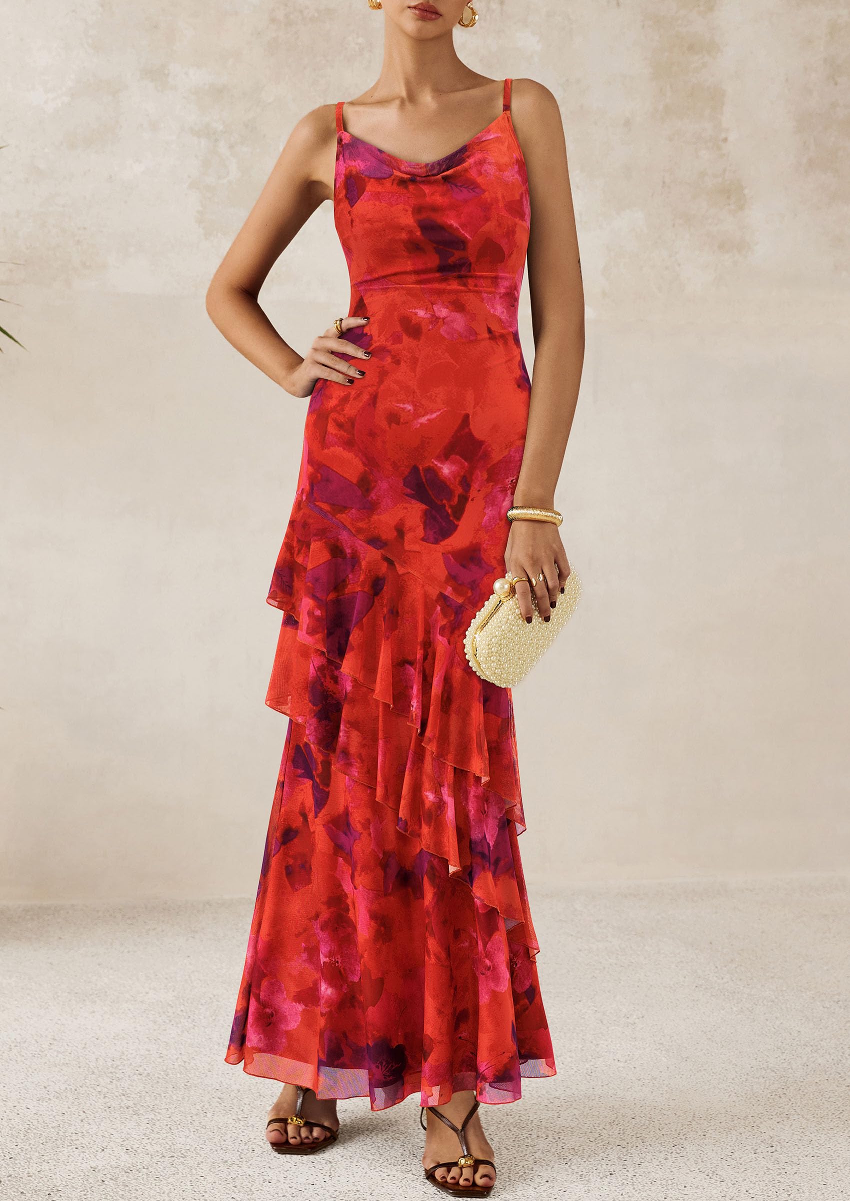 Women's Boho Floral Tiered Maxi Dress, Floral Rust Red,XS