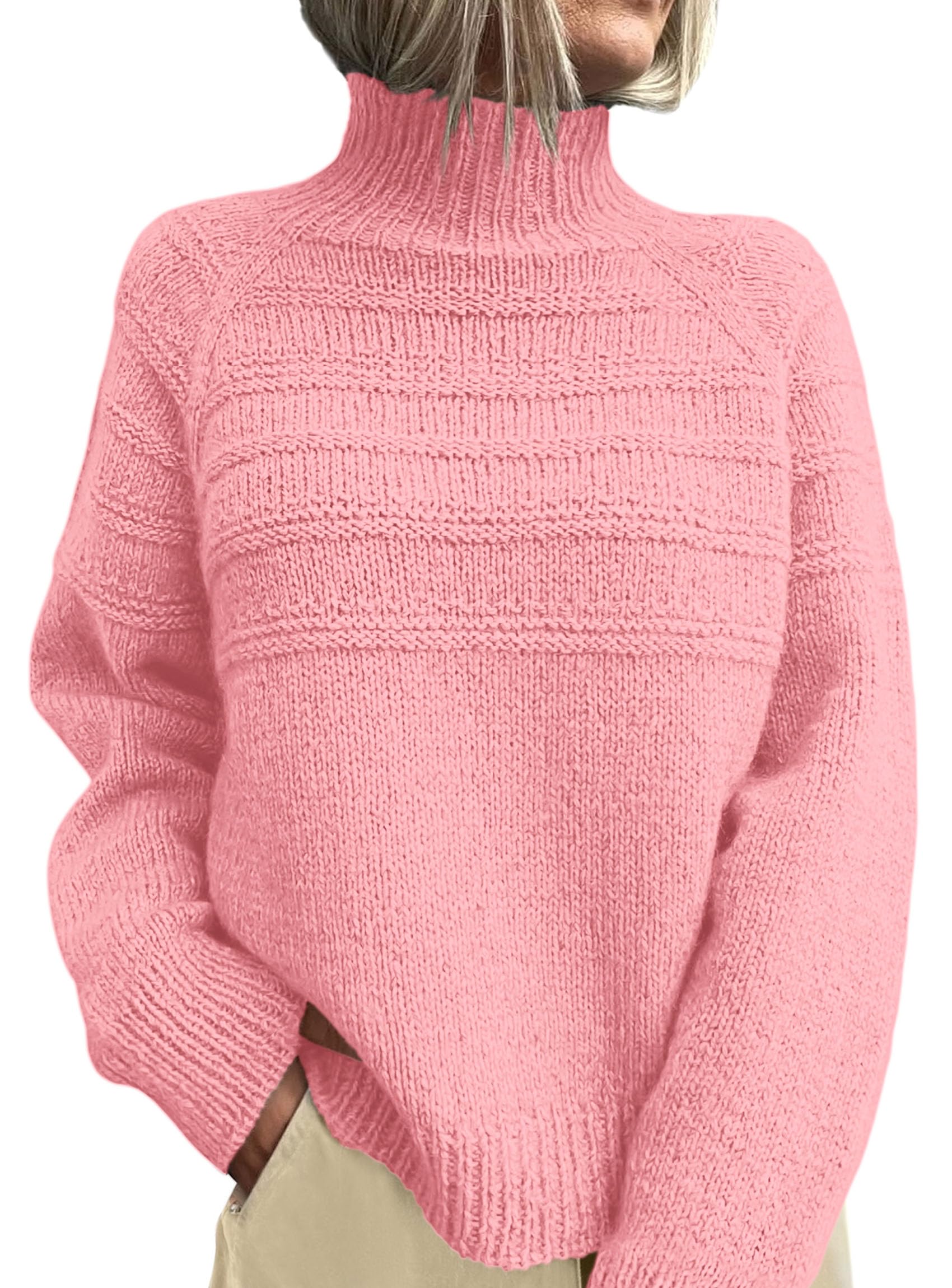 Women's Chunky Knit Mock Neck Pullover Sweaters,Pink,S