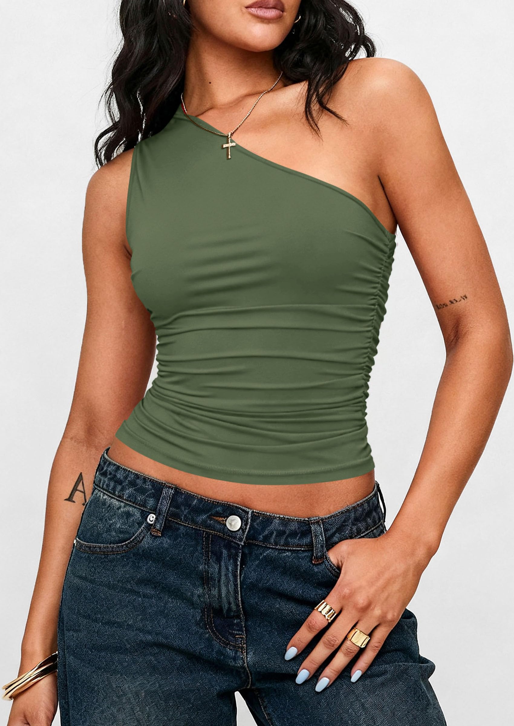 Womens Sleeveless One Shoulder Fitted Y2k Tops,Grey Green,XS