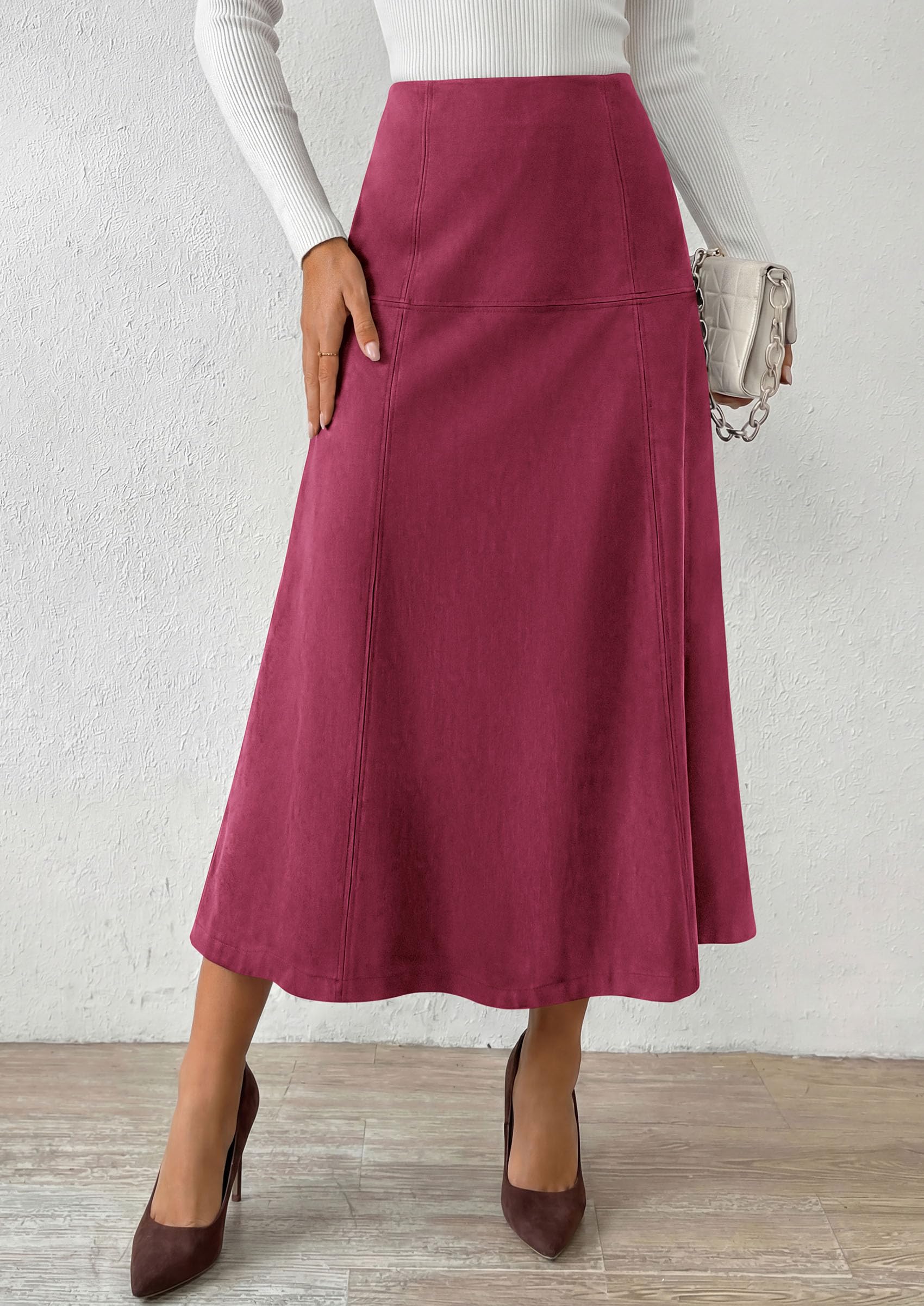 Womens High Waist Faux Suede A Line Midi Skirt,Wine Red,S