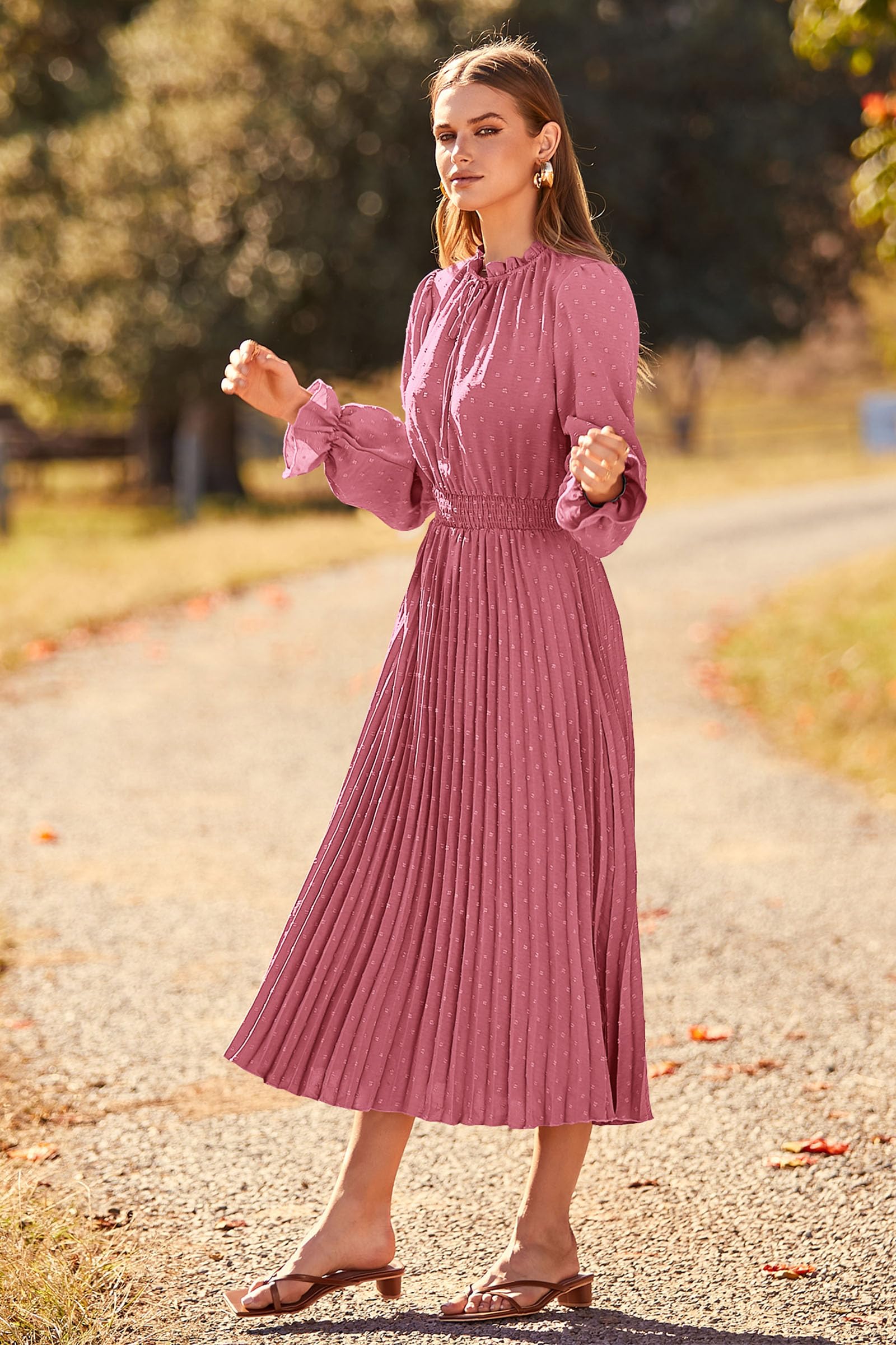 Midi Dress for Women Spring Fall 2025 Long Sleeve V Neck Pom Pom Swing A Line Long Dresses (Pink,Small)