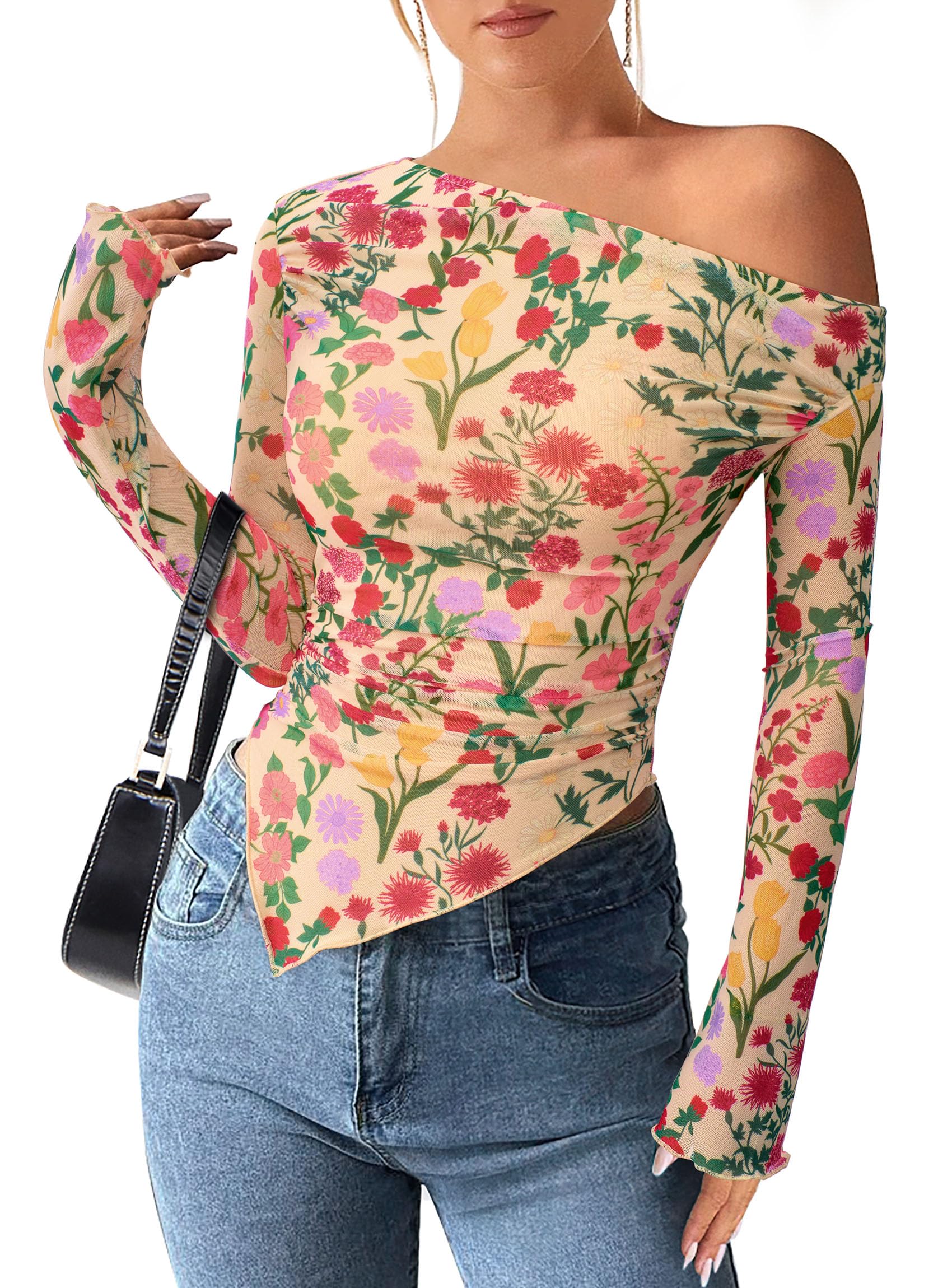 Womens Off Shoulder Mesh Y2k Tops,Floral Apricot Multi,XS