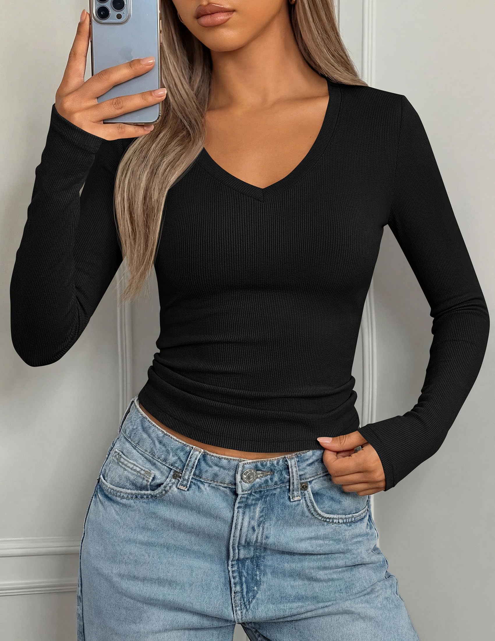 Womens Long Sleeve Ribbed V Neck Knit Shirts(Black,S)