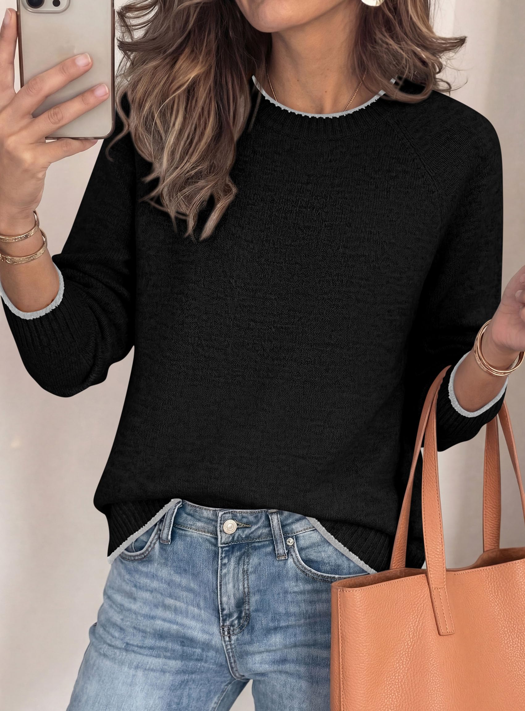Womens Crewneck Fall Sweaters Pullover Tops,Black,S