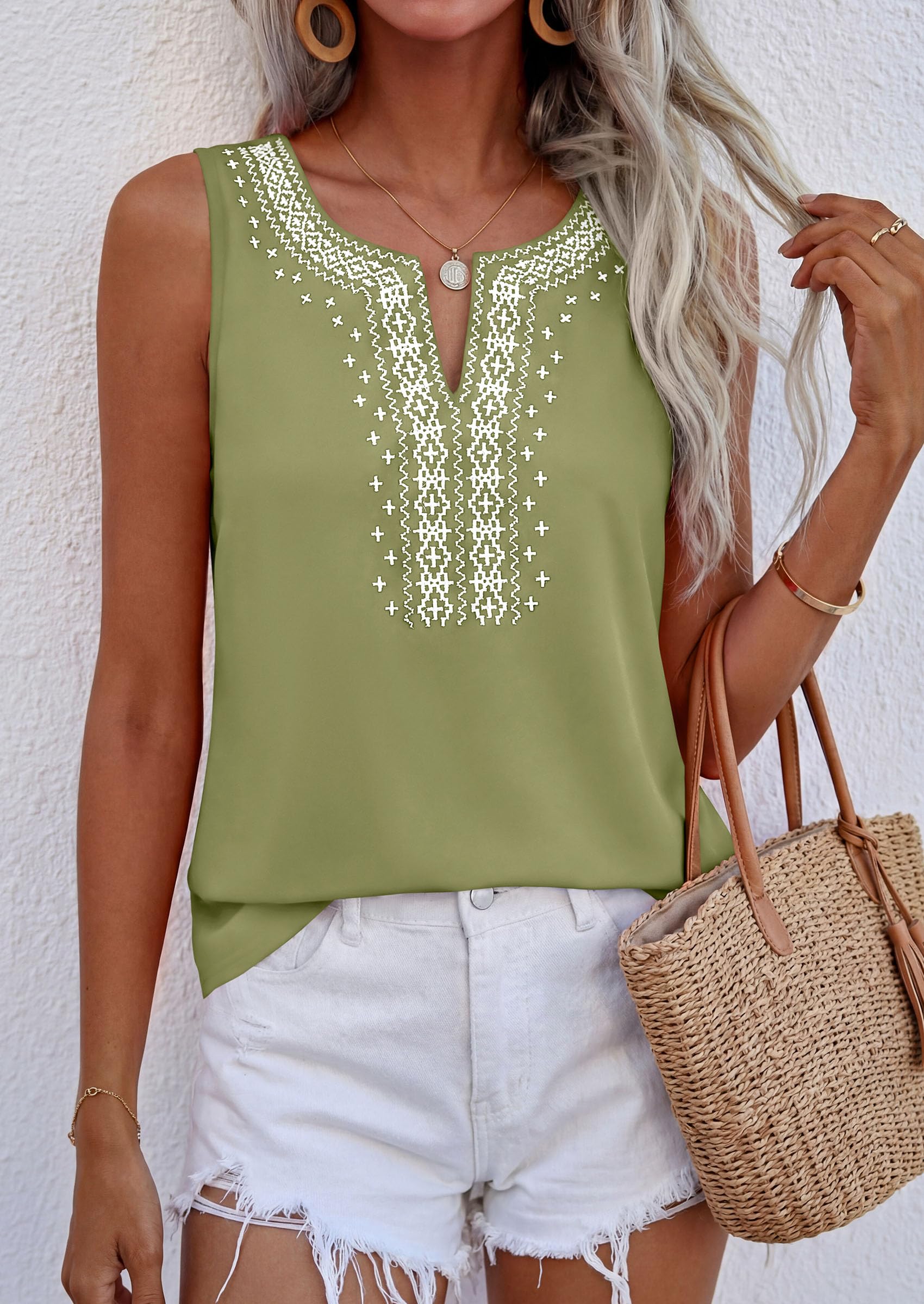 Womens Embroidered Sleeveless Tank Tops Sage Green,S