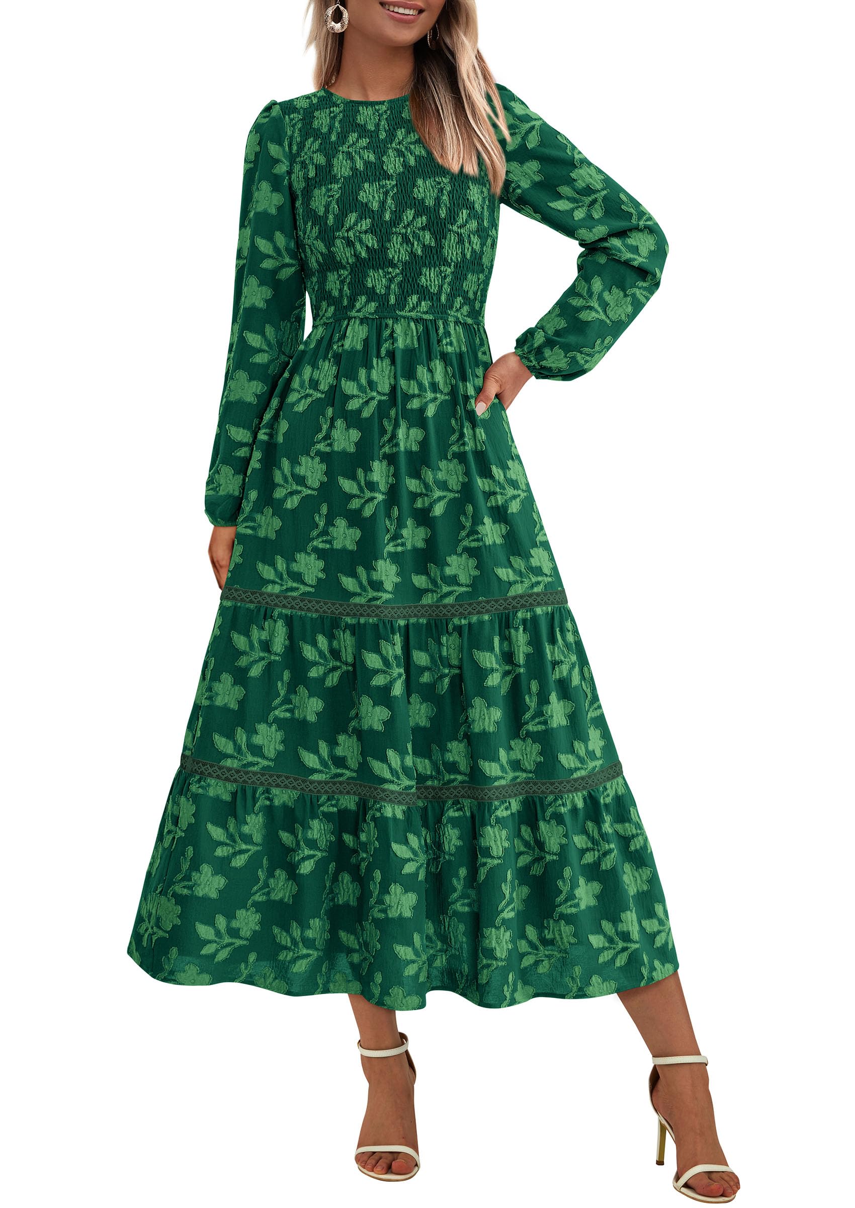 Women's Long Sleeve Boho Floral Midi Dress, Dark Green,S