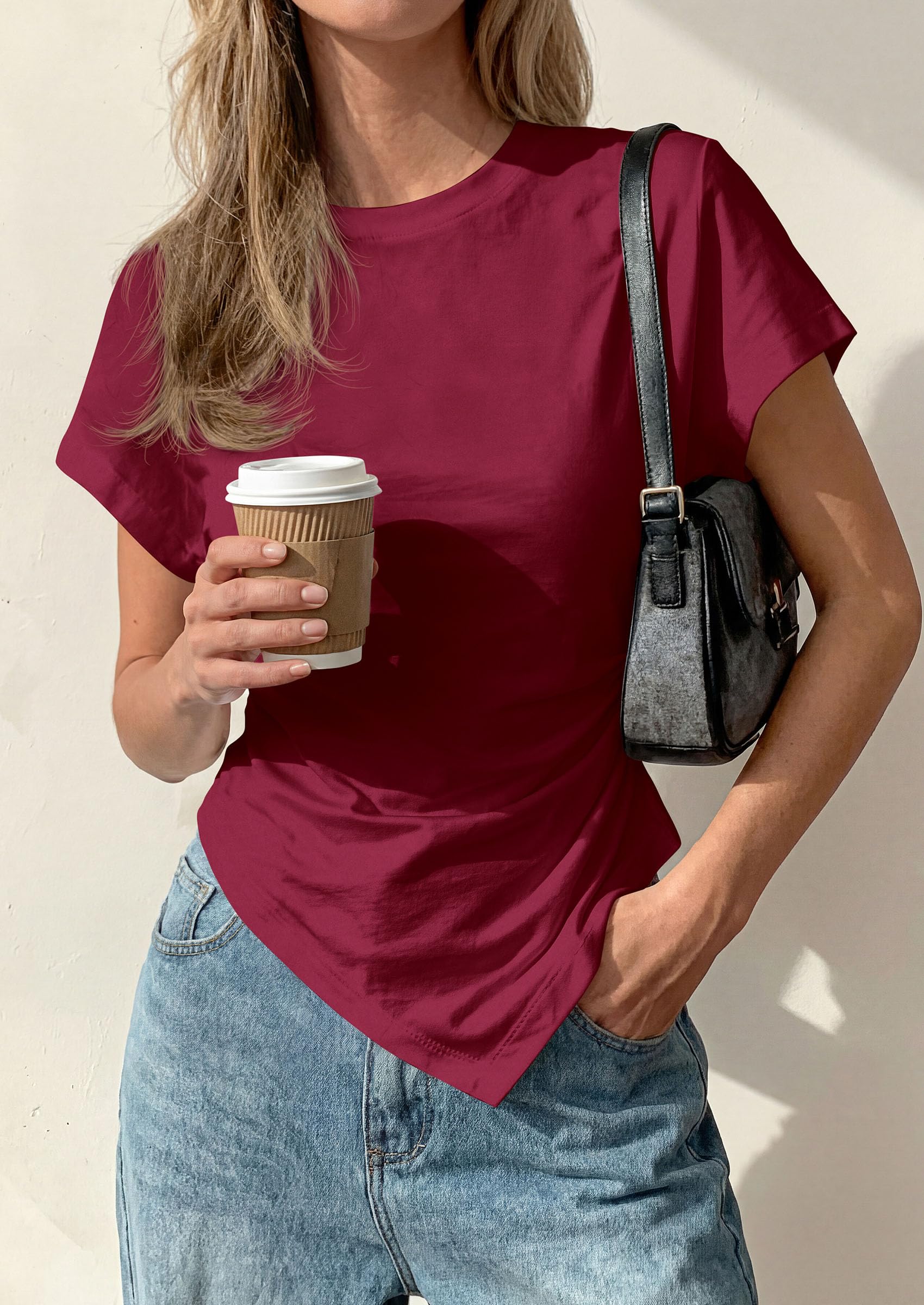 Womens Asymmetrical Summer Short Sleeve Tops,Wine Red,XS