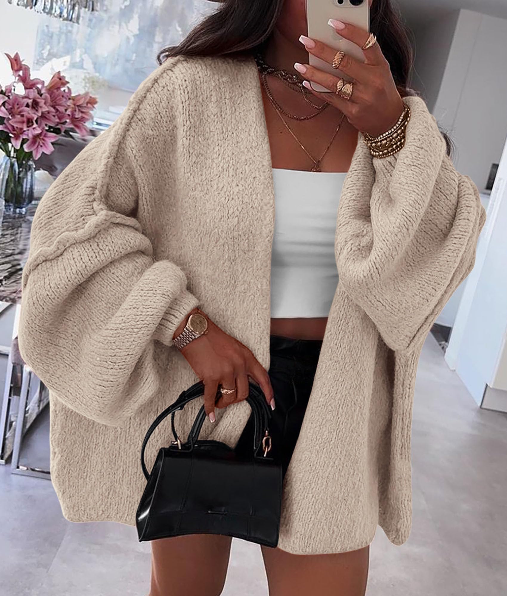 Womens Open Front Oversized Cardigan Sweaters,Grey Beige,M