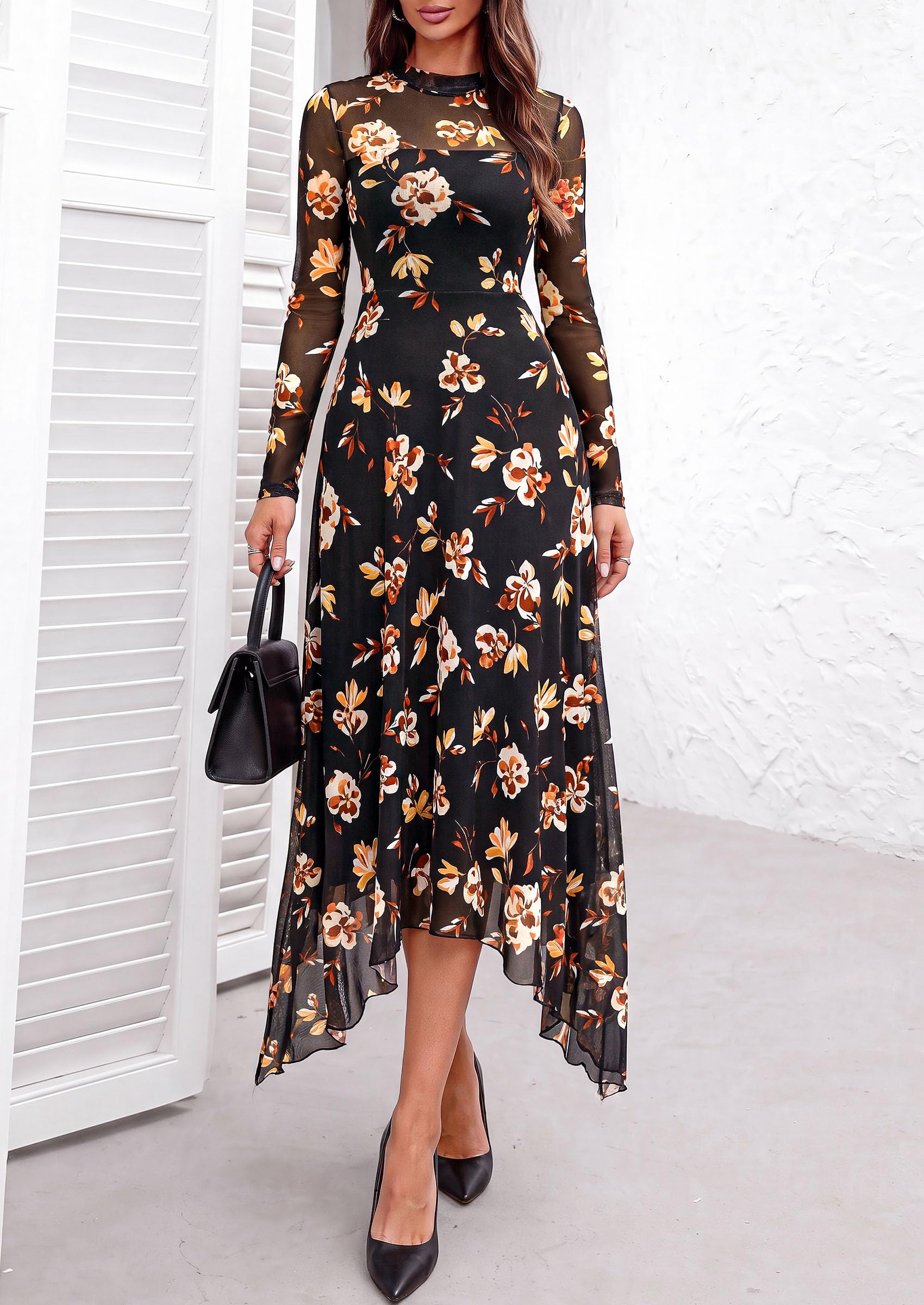 Women's Floral Mesh Midi Dress,Floral Black Yellow White,S