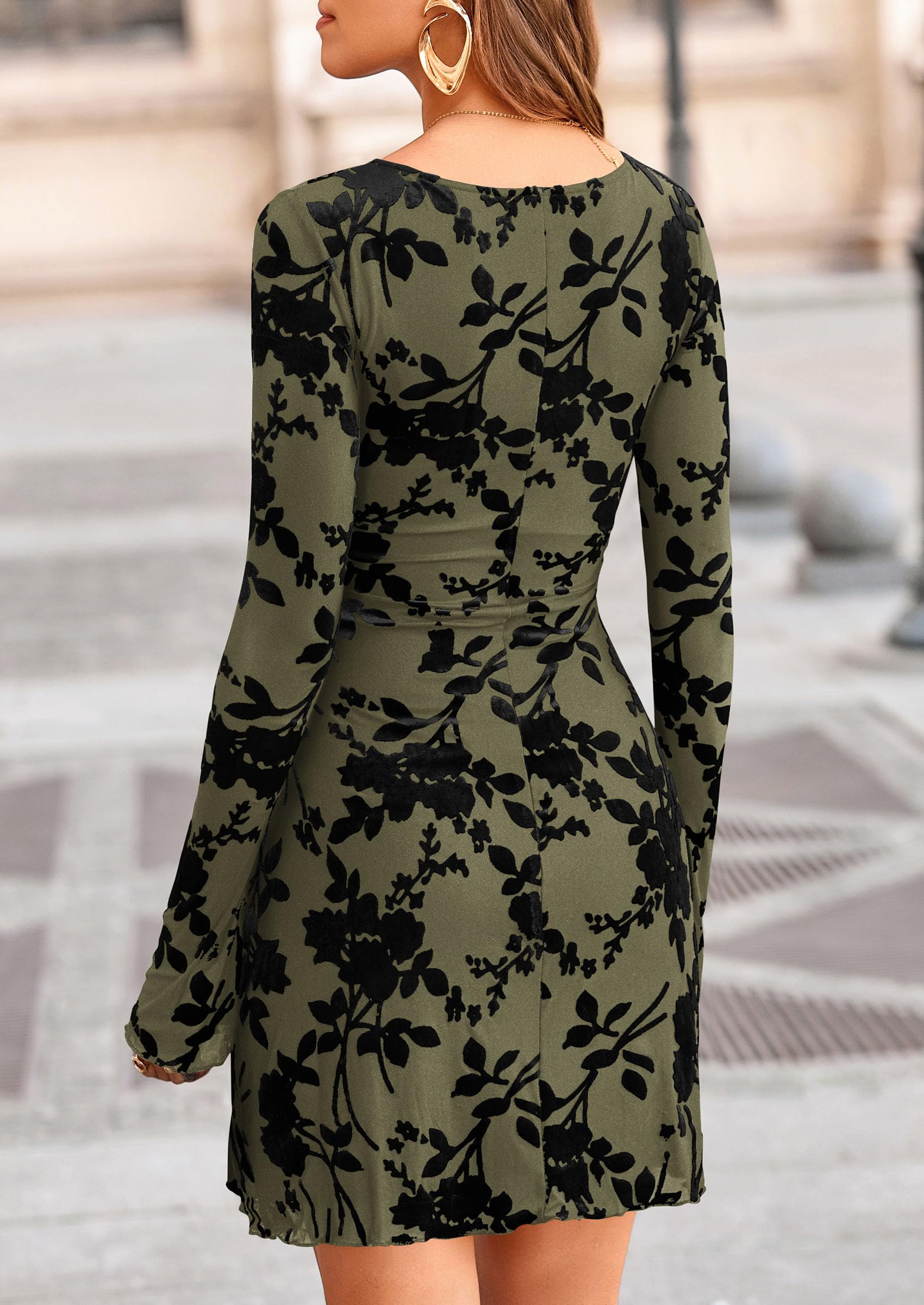 Women's Fall Floral Long Sleeve Mini Dress (Army Green,XS)