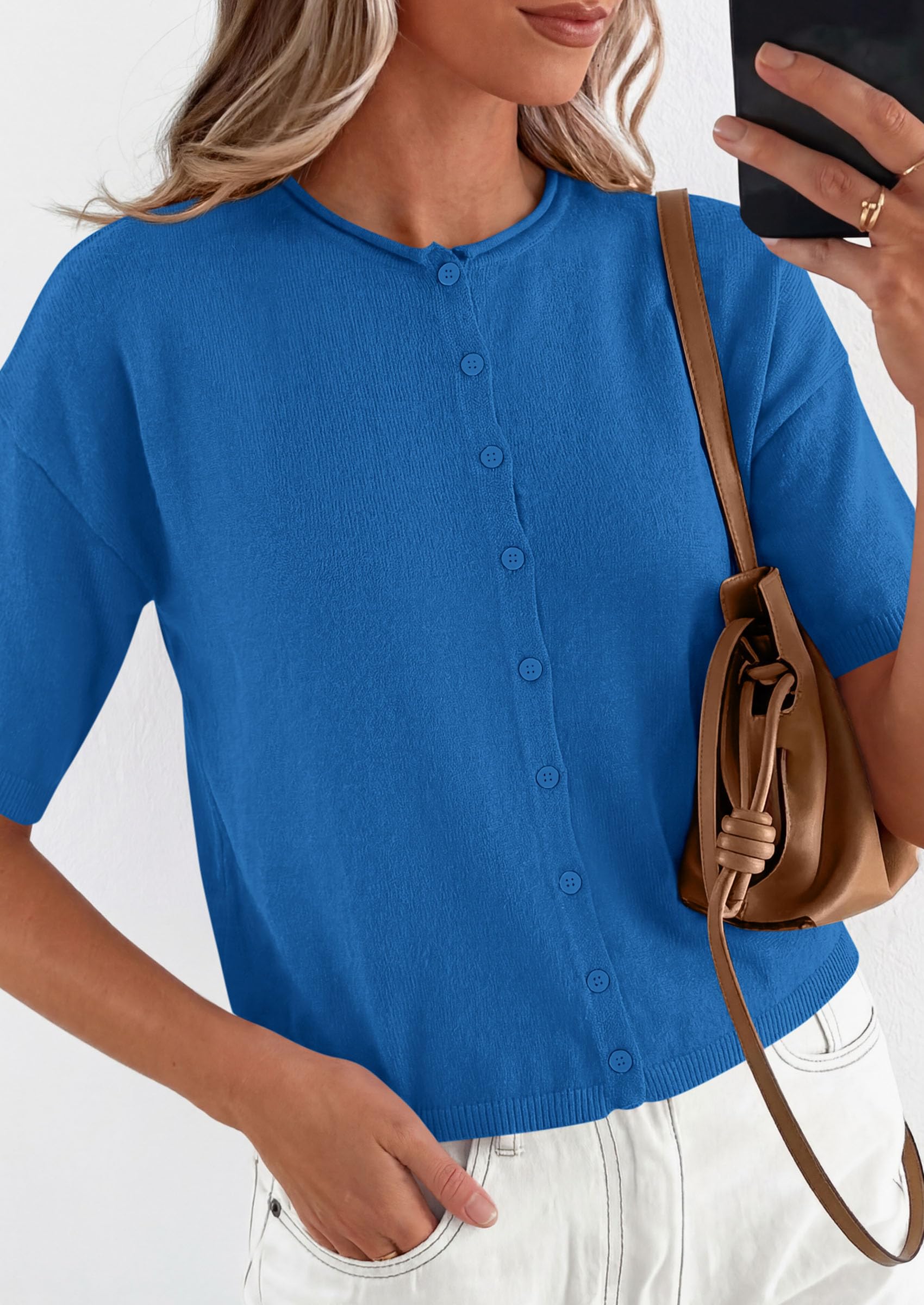 Women's Short Sleeve Cardigan Sweaters (Blue,Small)
