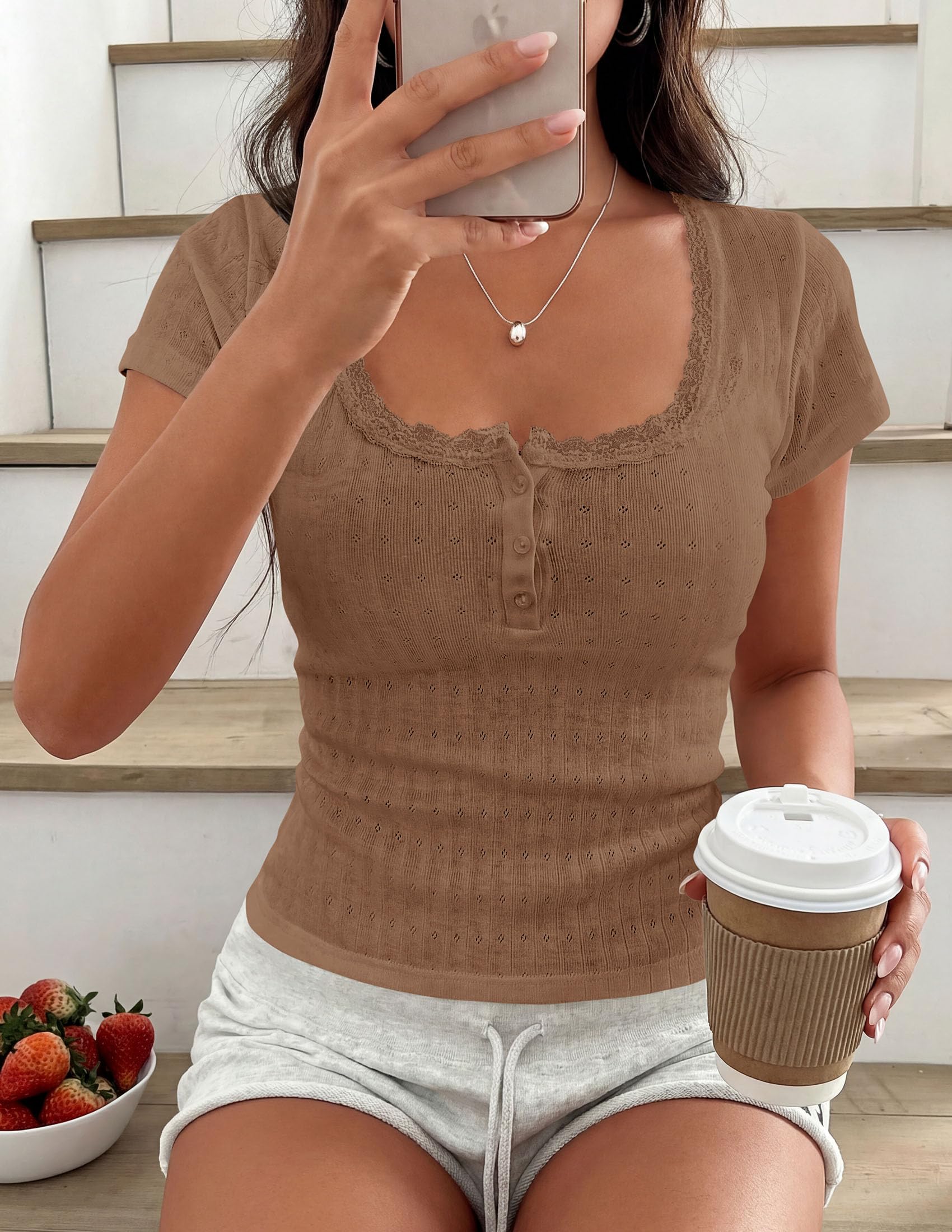 Womens Summer Lace Trim Short Sleeve Henley Top,Dark Khaki,S