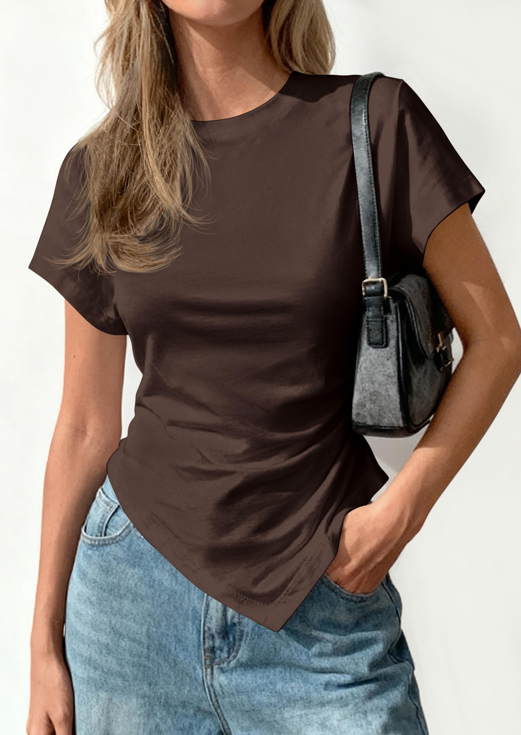 Womens Asymmetrical Summer Short Sleeve Tops,Brown,XS