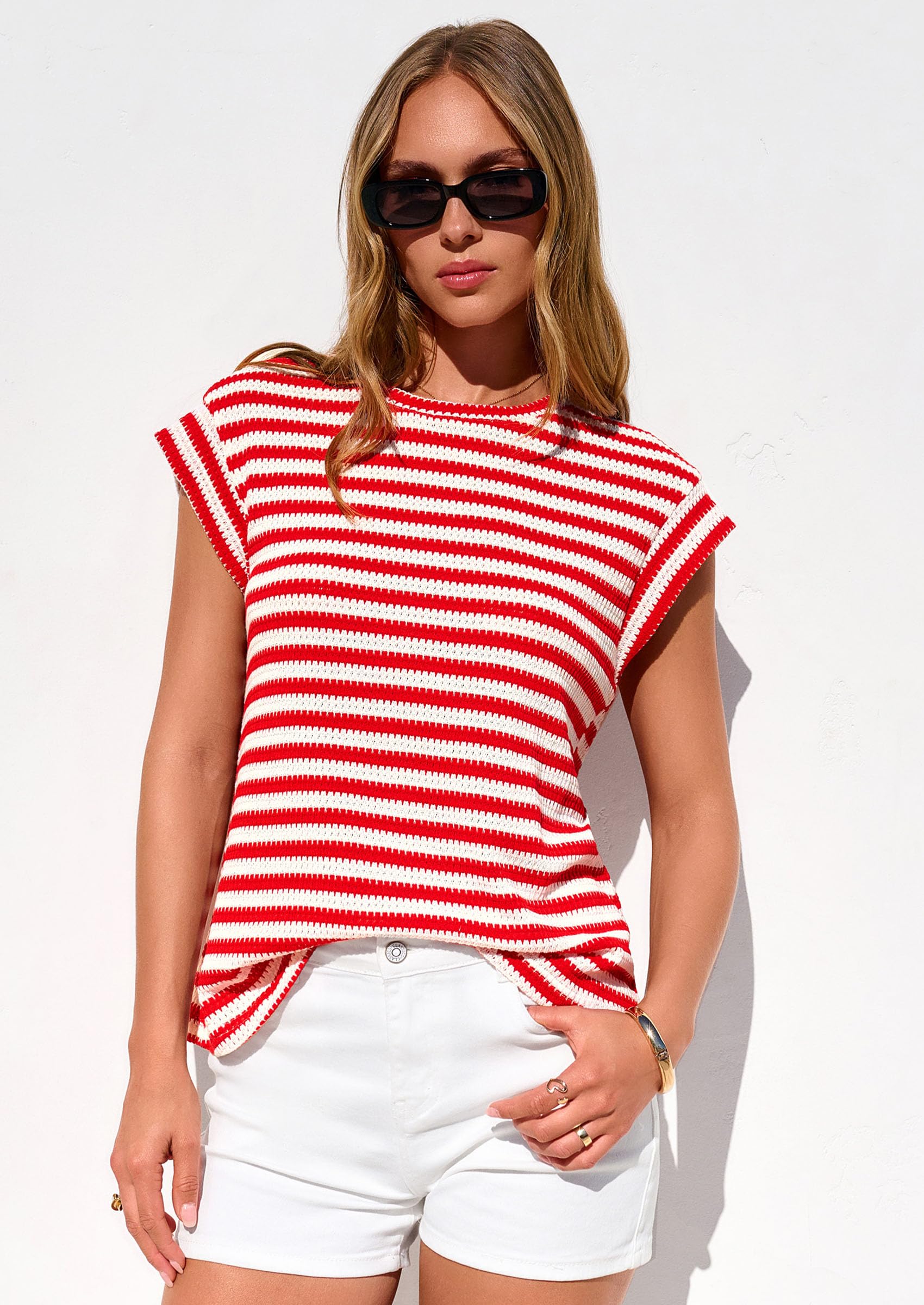 Women's Striped Knit Vest Tops, Striped Red White,S