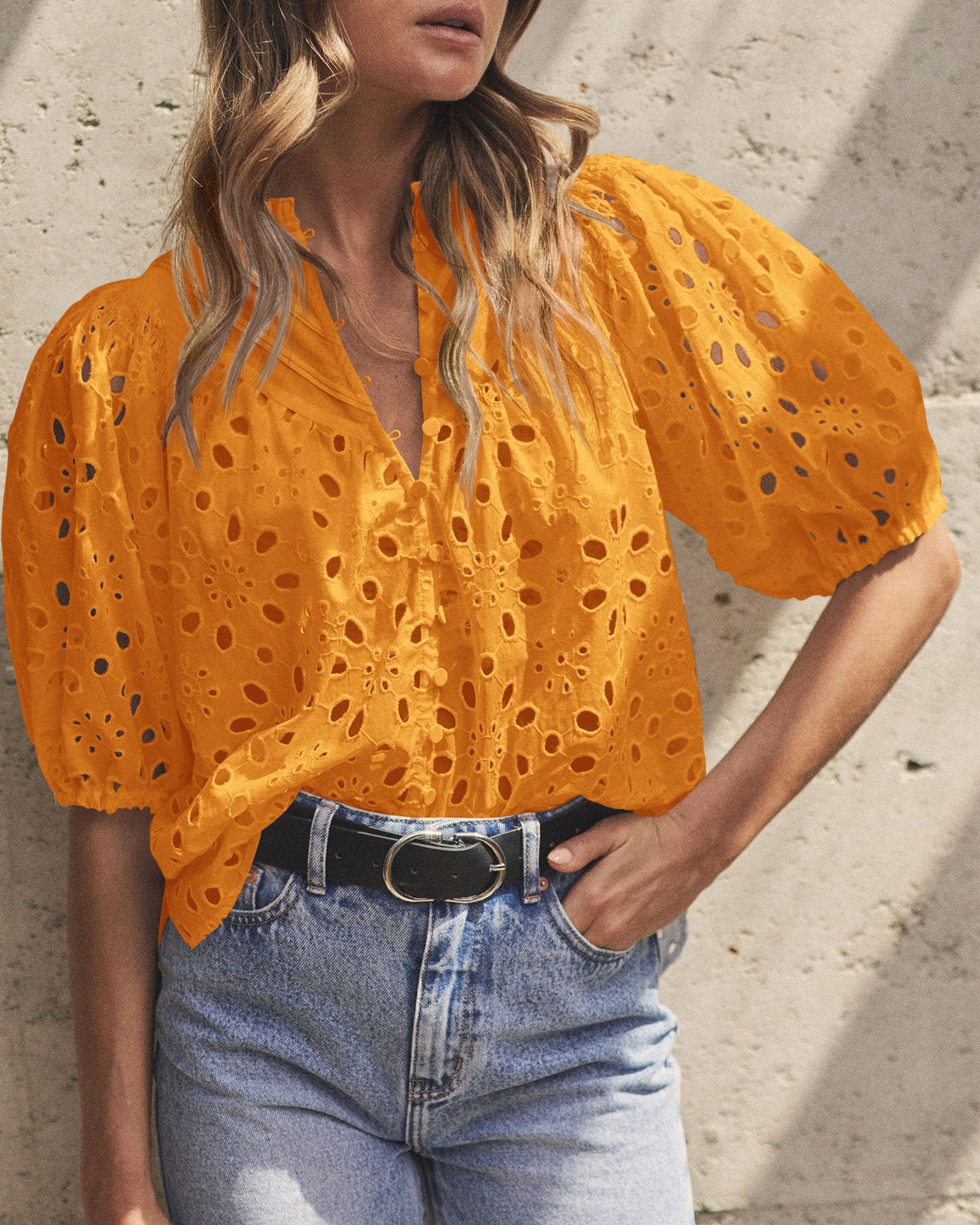 Womens Tops Boho Eyelet Puff Sleeve Blouse, Orange Yellow,L