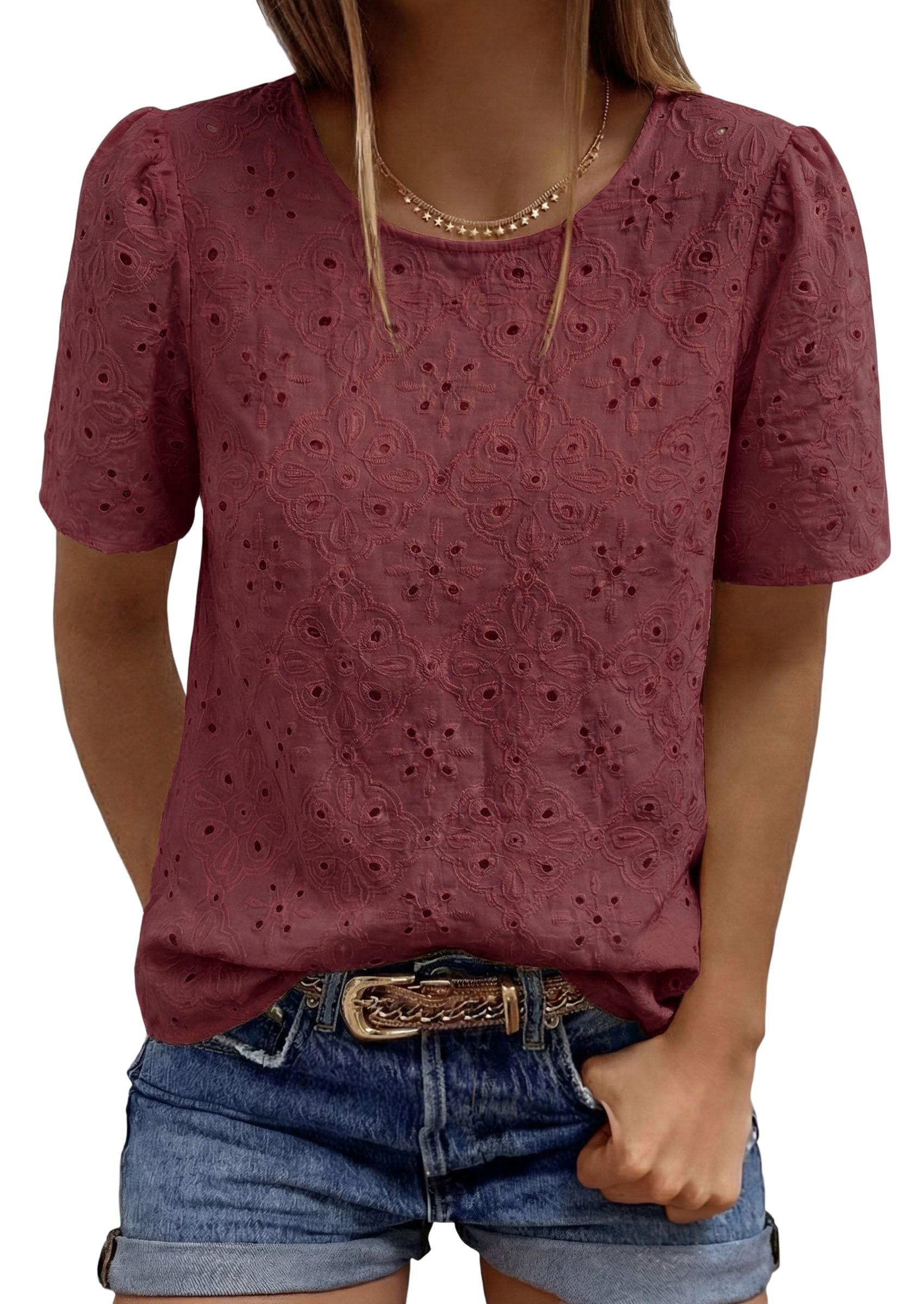 Women's Embroidered Eyelet Short Sleeve Blouse, Brown Red,XS
